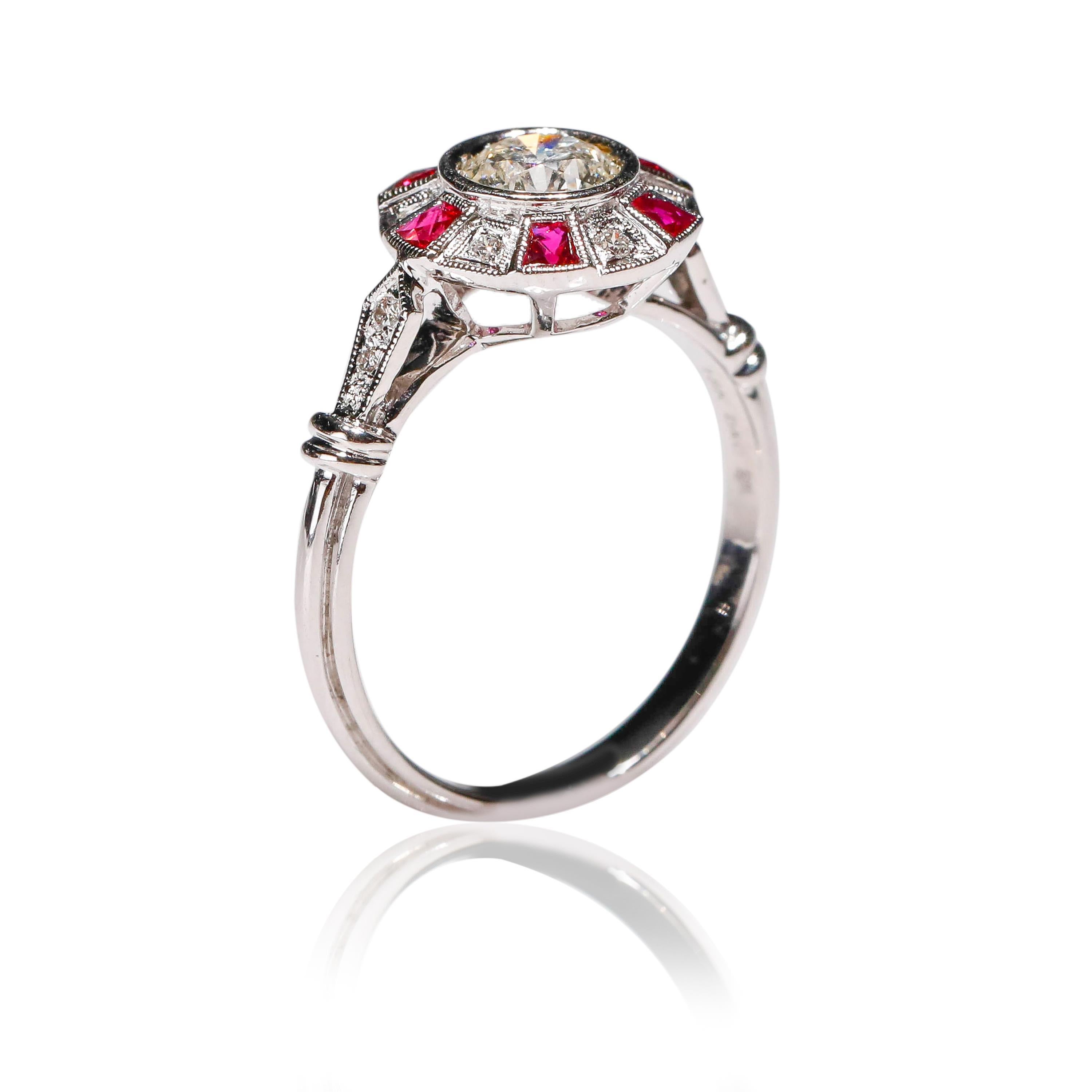 0.27 Ct Ruby 0.85 Ct Diamond 18Kt White Gold Round Cocktail Halo Ring

Crafted in 18 kt White Gold, this Unique design showcases a Ruby 0.27 TCW,  set in a halo of round-cut mesmerizing diamonds, Polished to a brilliant shine.

Gold Purity: 18