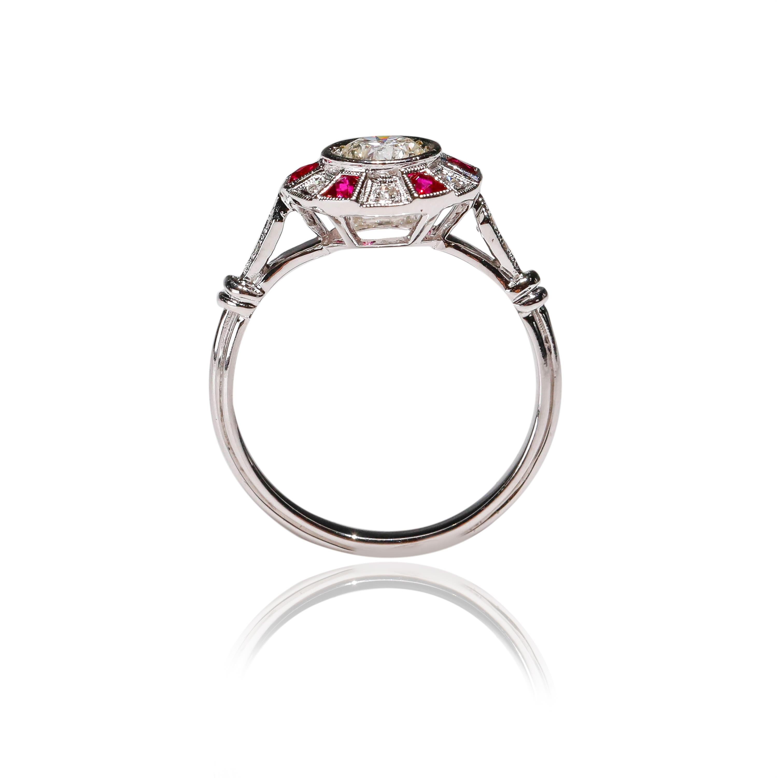 0.27 Ct Ruby Diamond 18Kt White Gold Round Cocktail Halo Ring Art Deco Style For Sale 2