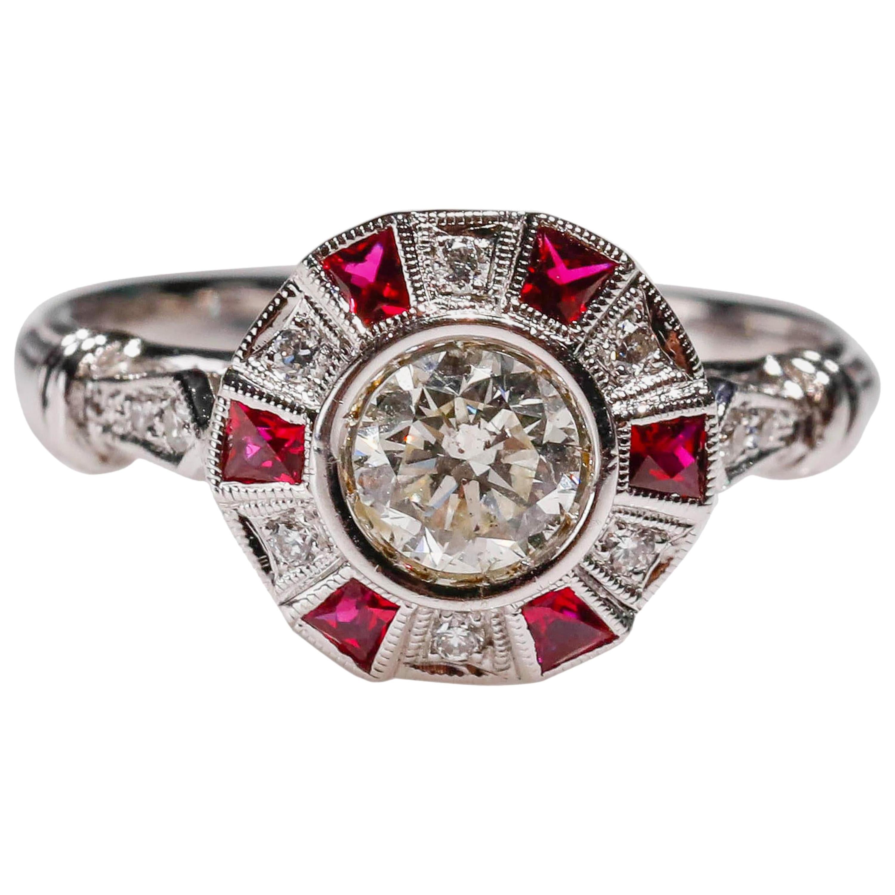 0.27 Ct Ruby Diamond 18Kt White Gold Round Cocktail Halo Ring Art Deco Style For Sale