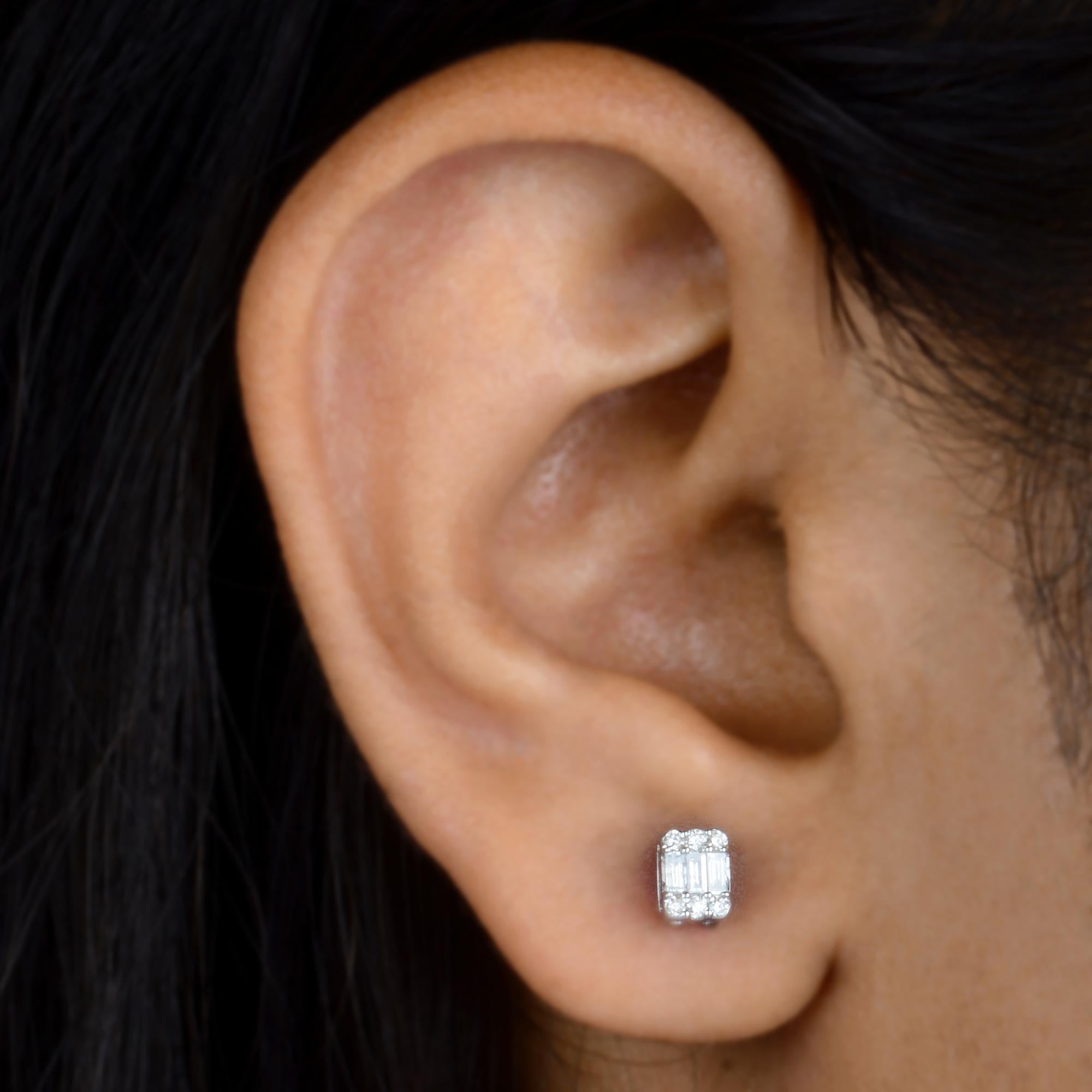 Mixed Cut 0.27 Ct SI Clarity HI Color Baguette Diamond Stud Earrings 10 Karat White Gold For Sale