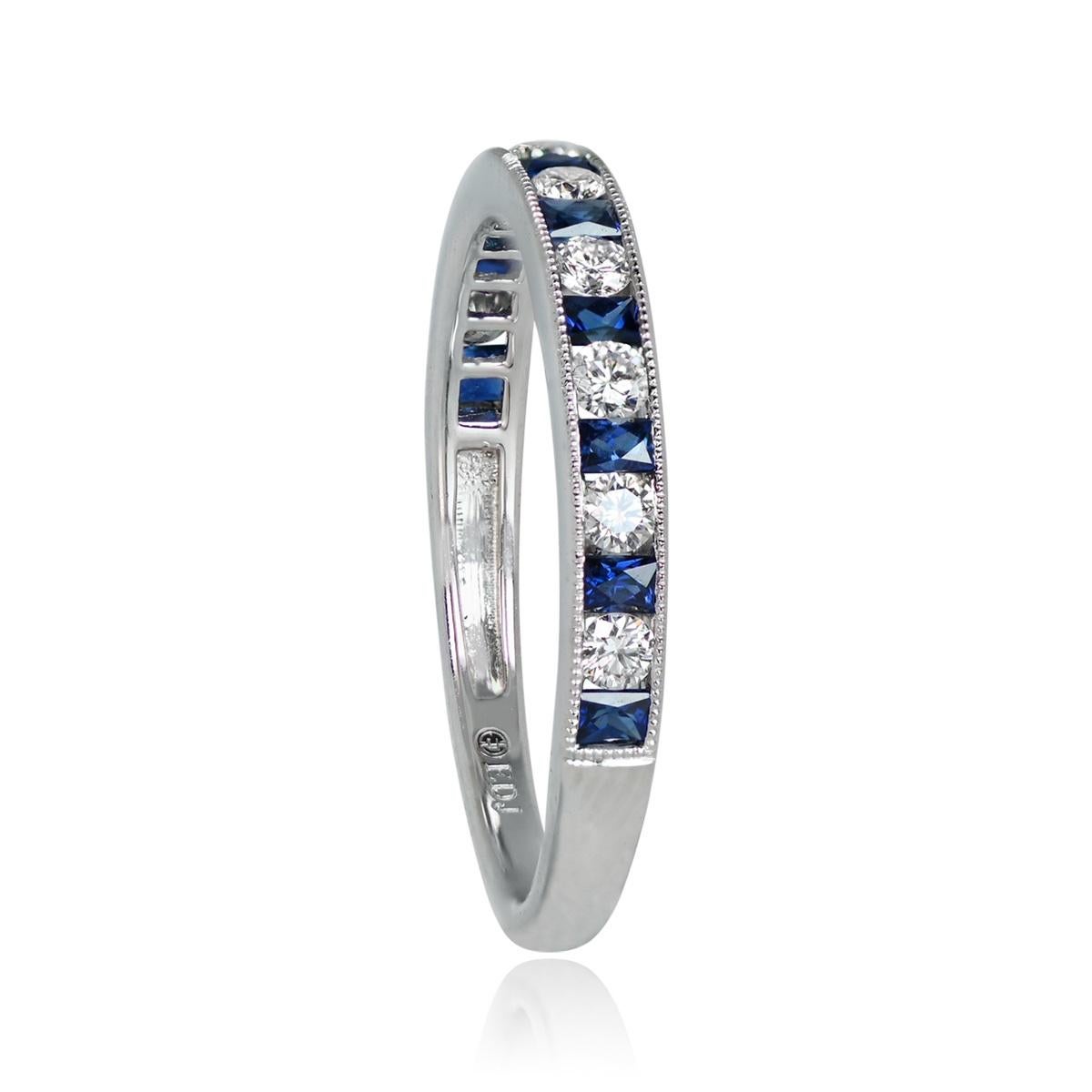 Art Deco 0.27ct Diamond & 0.36ct Natural Sapphire Band Ring, Platinum, Half Eternity Band For Sale