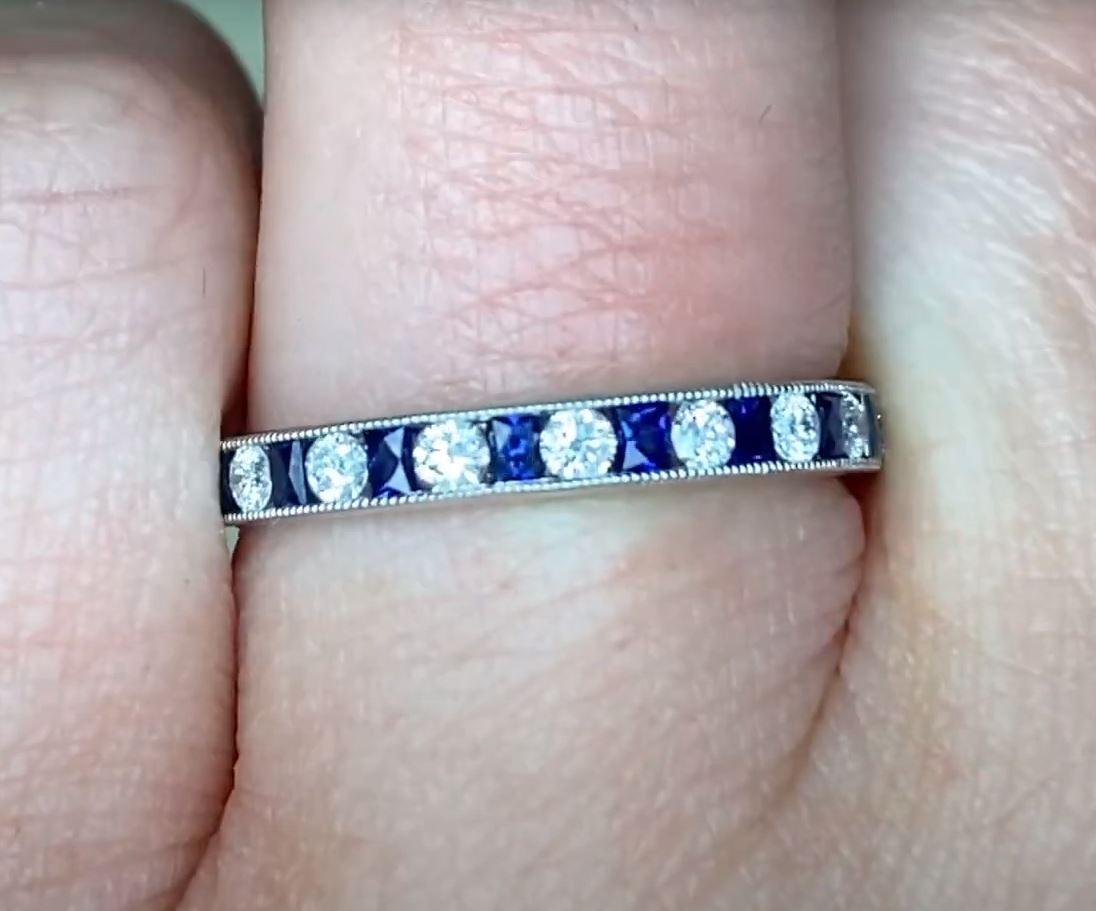 Round Cut 0.27ct Diamond & 0.36ct Natural Sapphire Band Ring, Platinum, Half Eternity Band For Sale