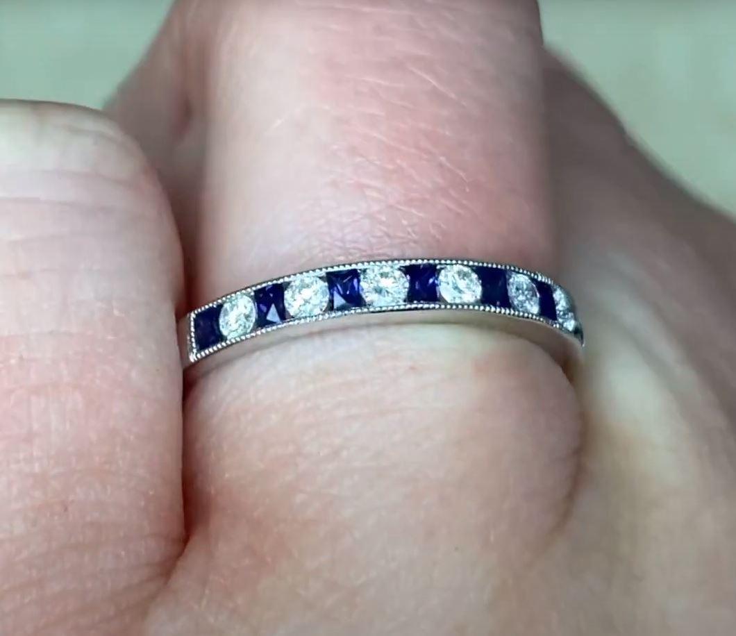 0.27ct Diamond & 0.36ct Natural Sapphire Band Ring, Platinum, Half Eternity Band In Excellent Condition For Sale In New York, NY