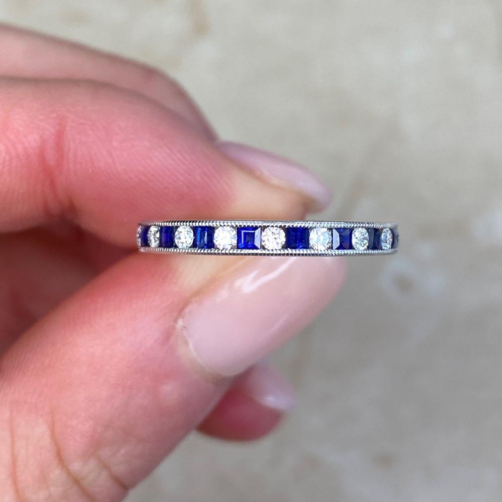 0.27ct Diamond & 0.36ct Natural Sapphire Band Ring, Platinum, Half Eternity Band For Sale 3