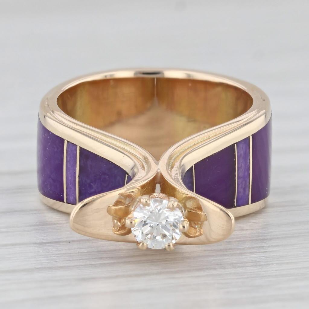 Round Cut 0.27ct Diamond Purple Sugilite Mosaic Ring 14k Yellow Gold Size 5.25 For Sale