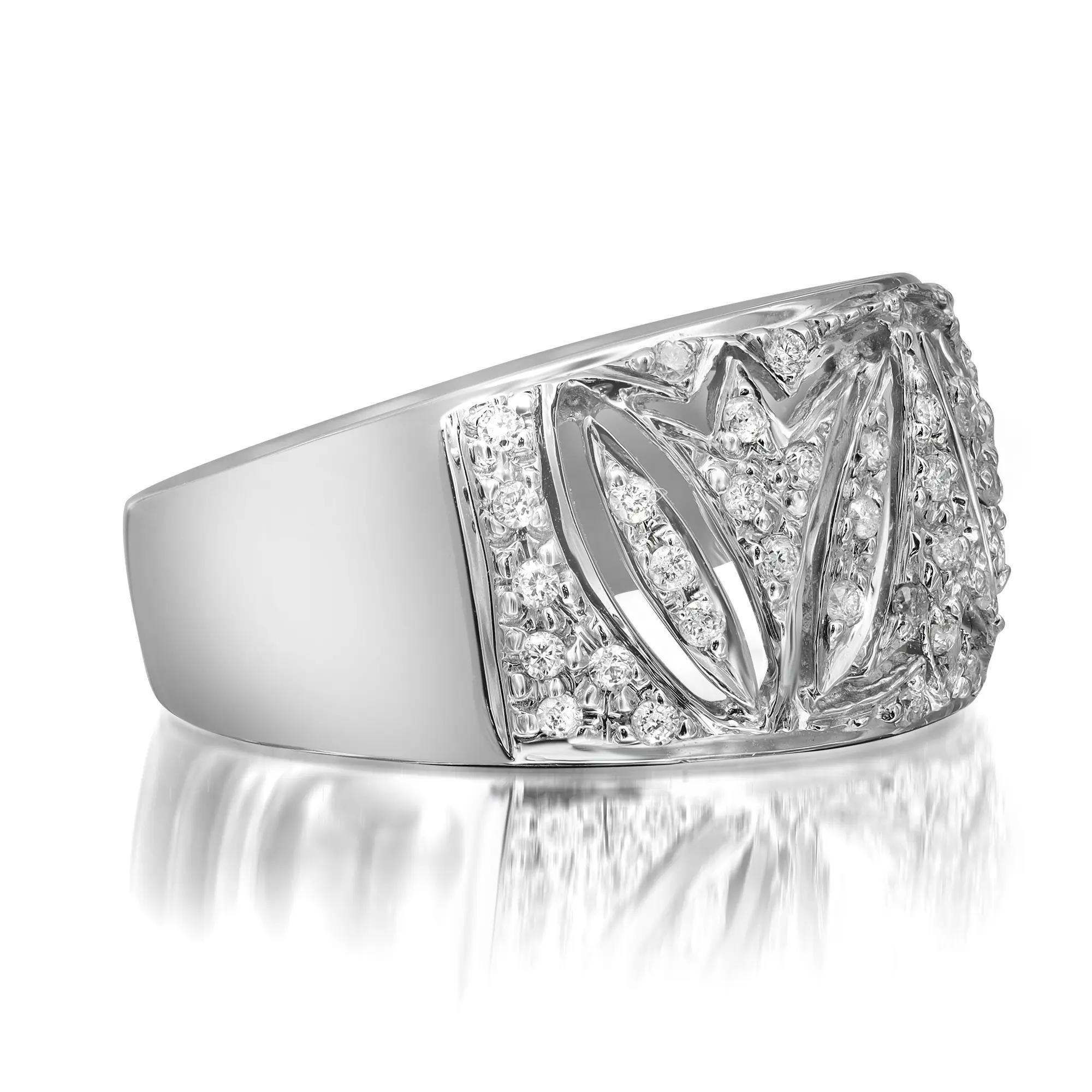 Speak of the bold and beautiful diamond wide band ring. This ring features pave set shimmering round brilliant cut diamonds crafted in high polished 14K white gold. Total diamond weight: 0.27 carat with color I and SI1 clarity. Ring size: 7.5. Ring