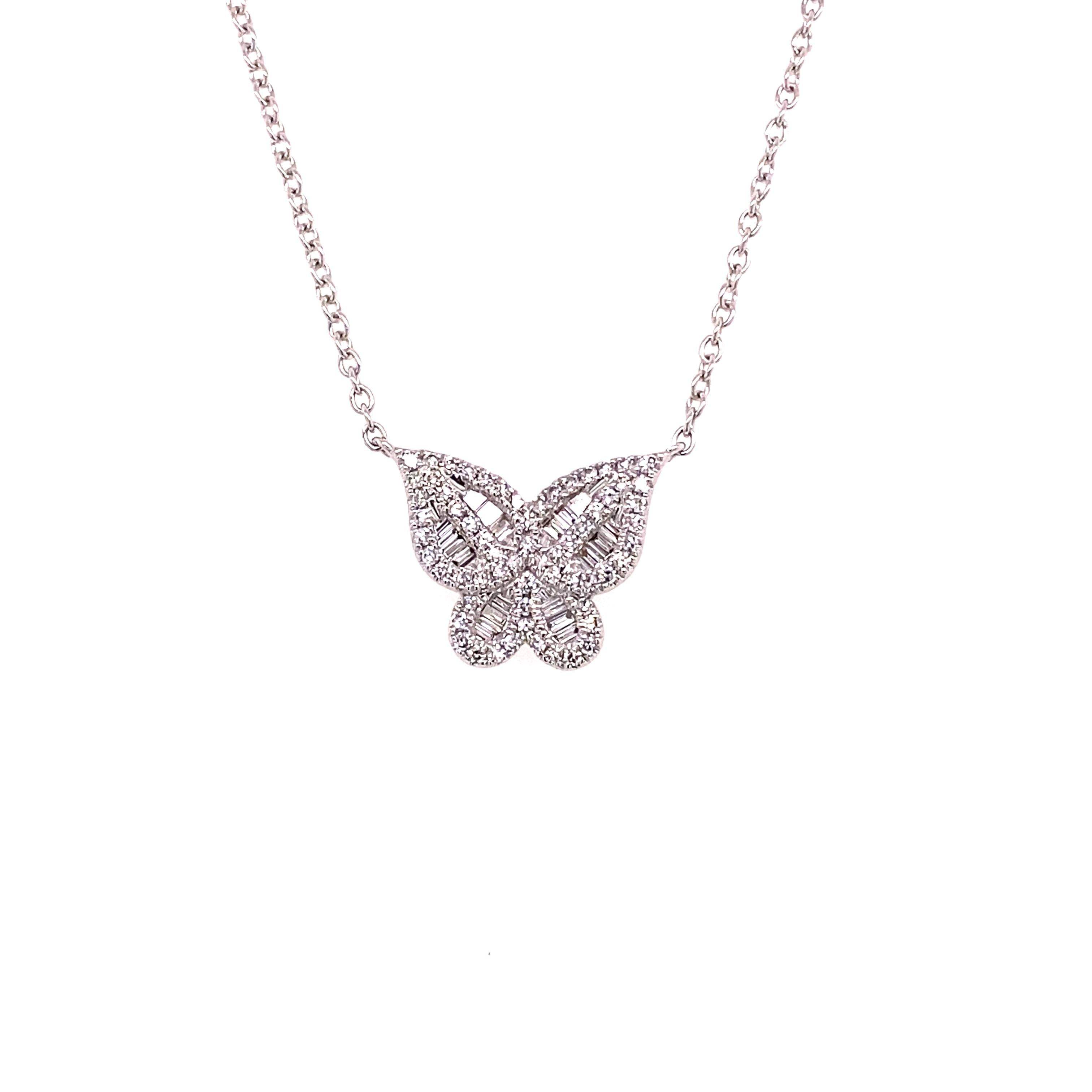 0.27ctw Baguette & Round Diamond 14k White Gold Butterfly Pendant Necklace In New Condition In Houston, TX