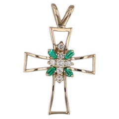 0.27ctw Emerald Diamond Cluster Open Cross Pendant 14k Yellow Gold