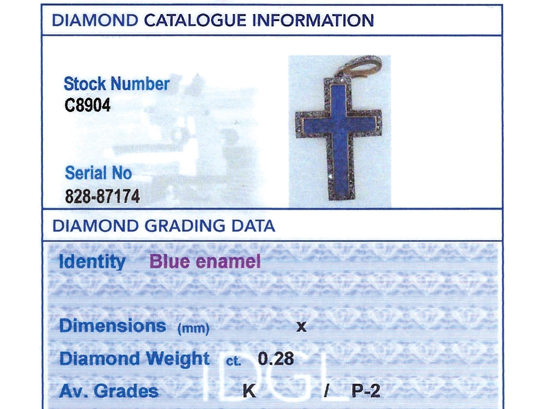 Pendentif croix en or jaune 15 carats, émail bleu et diamant de 0,28 carat, c. 1880 en vente 3