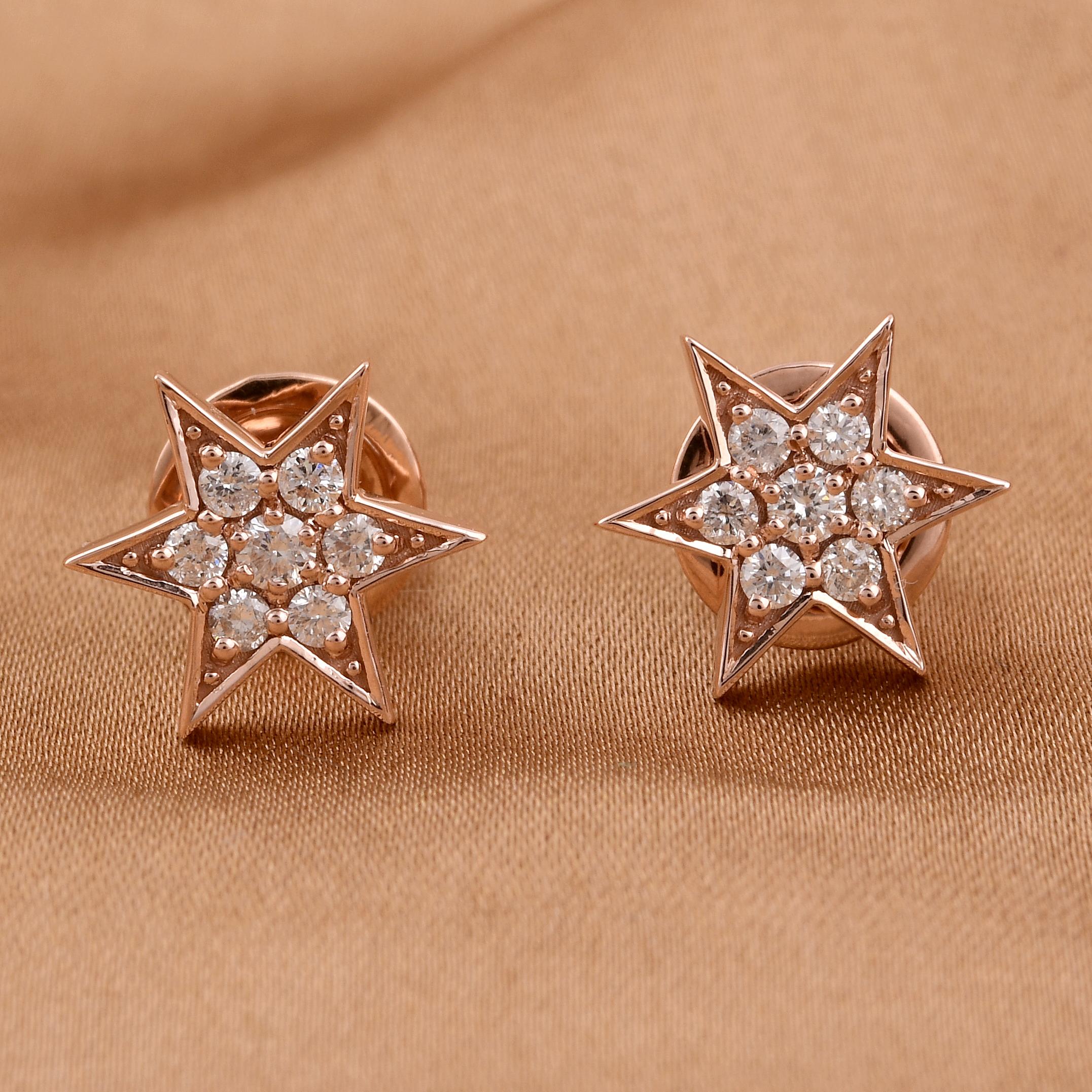 Round Cut 0.28 Carat Diamond Starburst Stud Earrings 14 Karat Rose Gold Handmade Jewelry For Sale