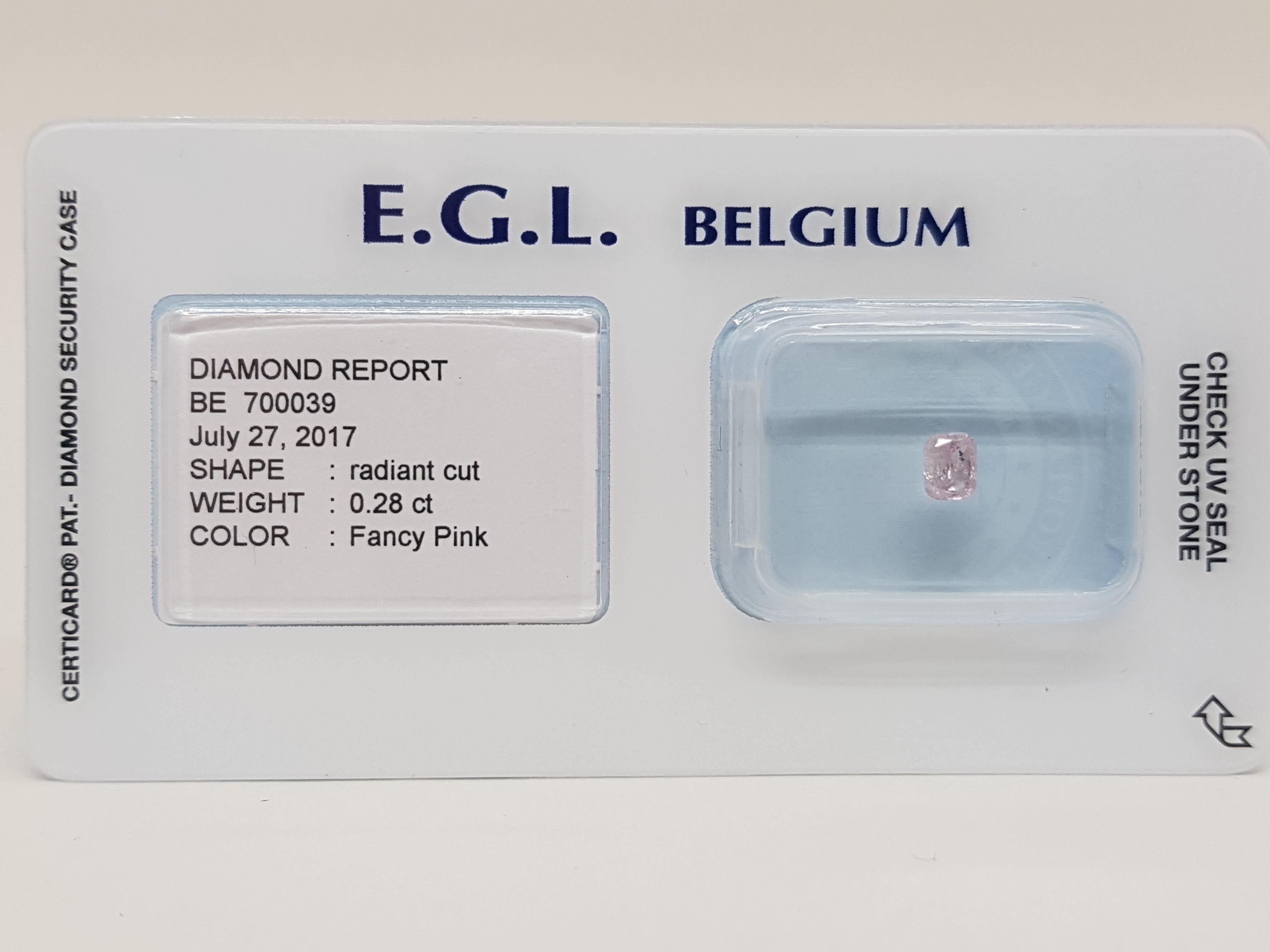 Cut: Oval 
Weight: 0,28 ct 
Color: Fancy Pink Natural 
Clarity: P ( Not stated on Certificate. ) 
EGL Belgium Certificate Number: 700039
Shipping: free worldwide insured shipping 
All our jewellery comes with a certificate appraisal and 5 years