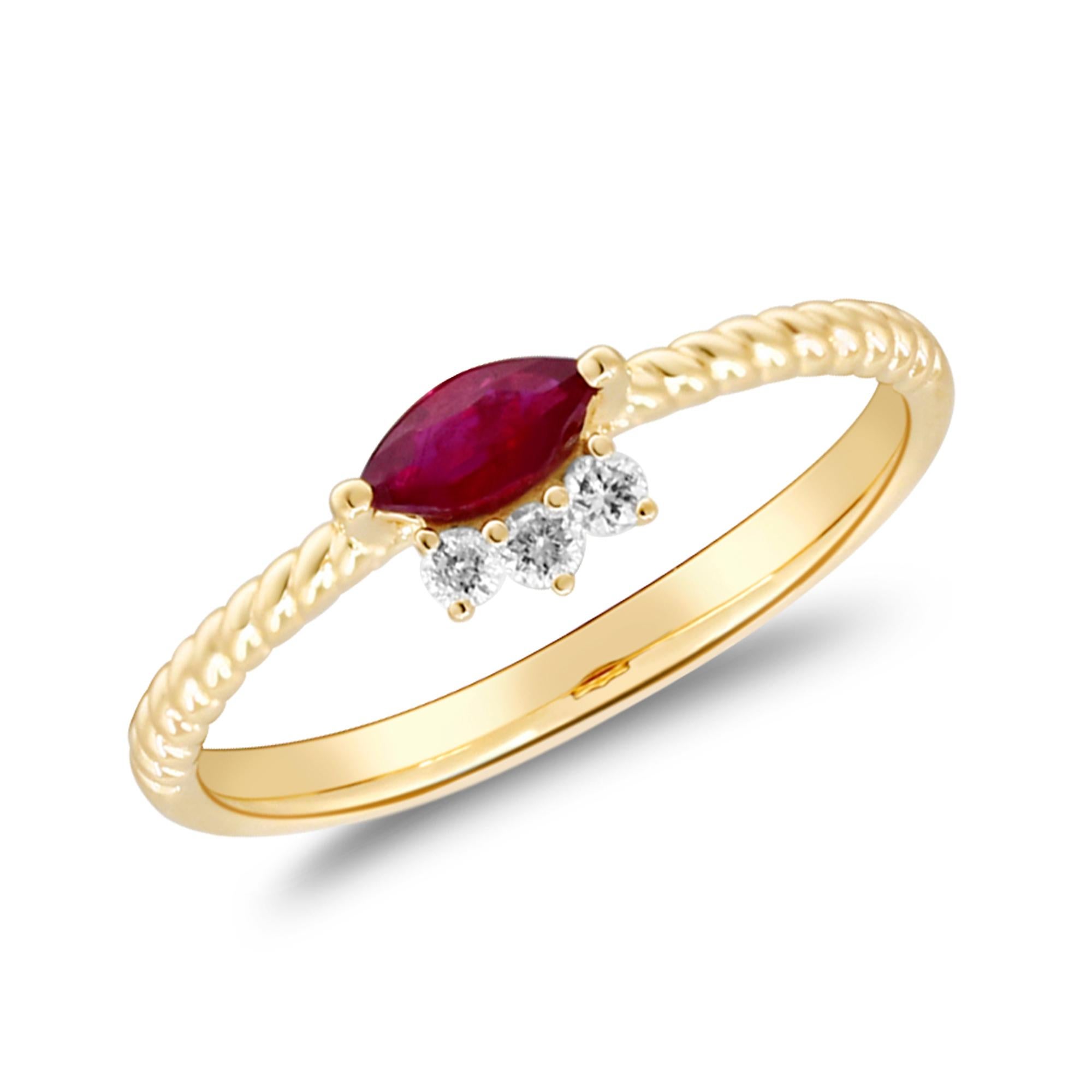 Art Deco 0.28 Carat Marquise-Cut Ruby with Diamond Accents 14K Yellow Gold Ring For Sale