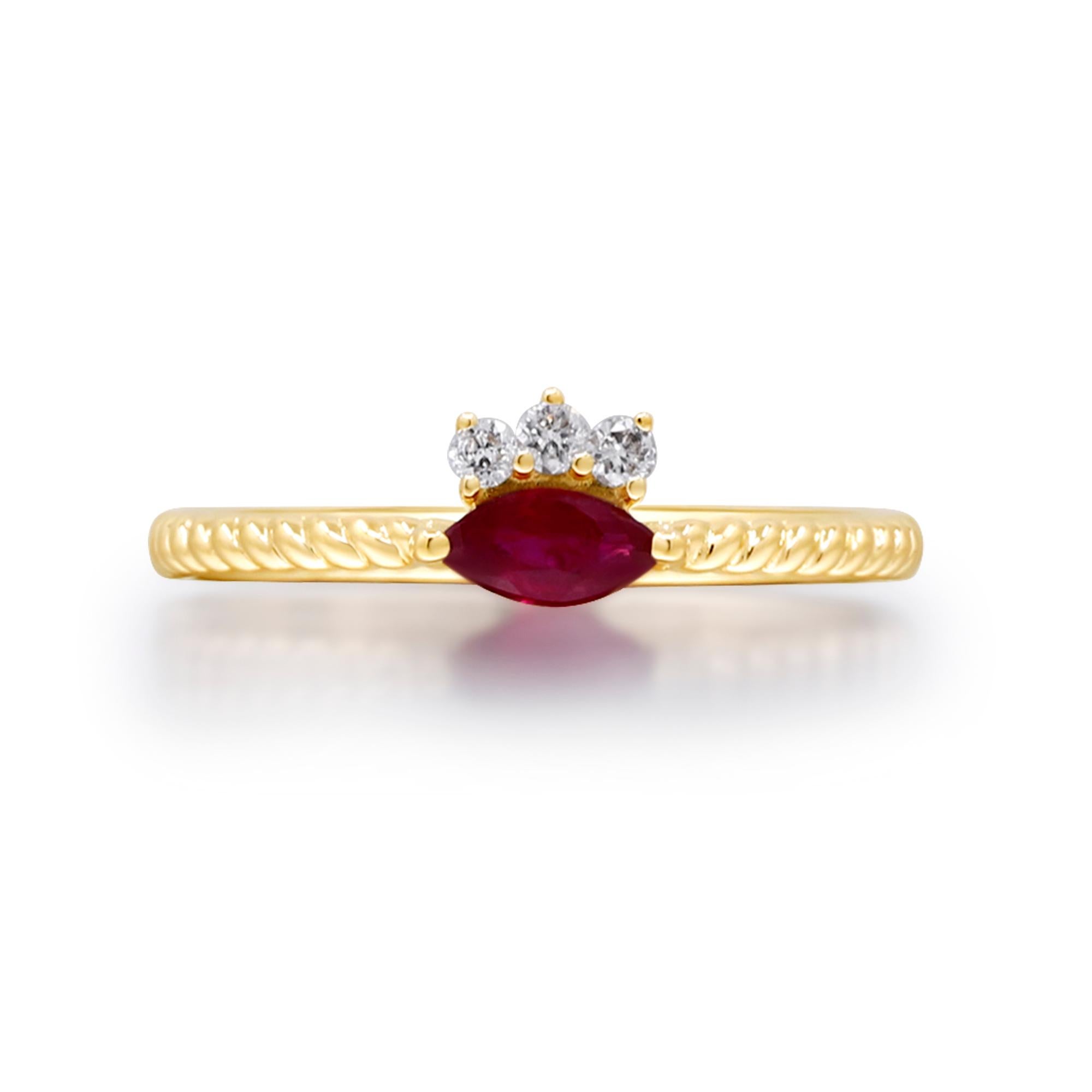 Women's 0.28 Carat Marquise-Cut Ruby with Diamond Accents 14K Yellow Gold Ring For Sale