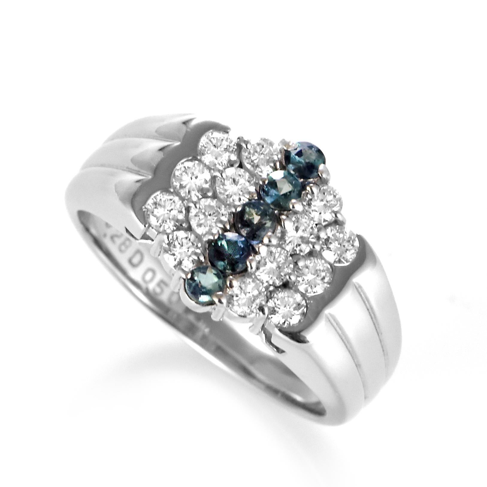 A gorgeous ring featuring 0.28 Carats of Natural Brazilian Alexandrite and 0.50 Carats of Diamond Accents set in Platinum. Alexandrites produce a natural color-change phenomenon as they exhibit a Bluish Green Color under Fluorescent Light whereas a