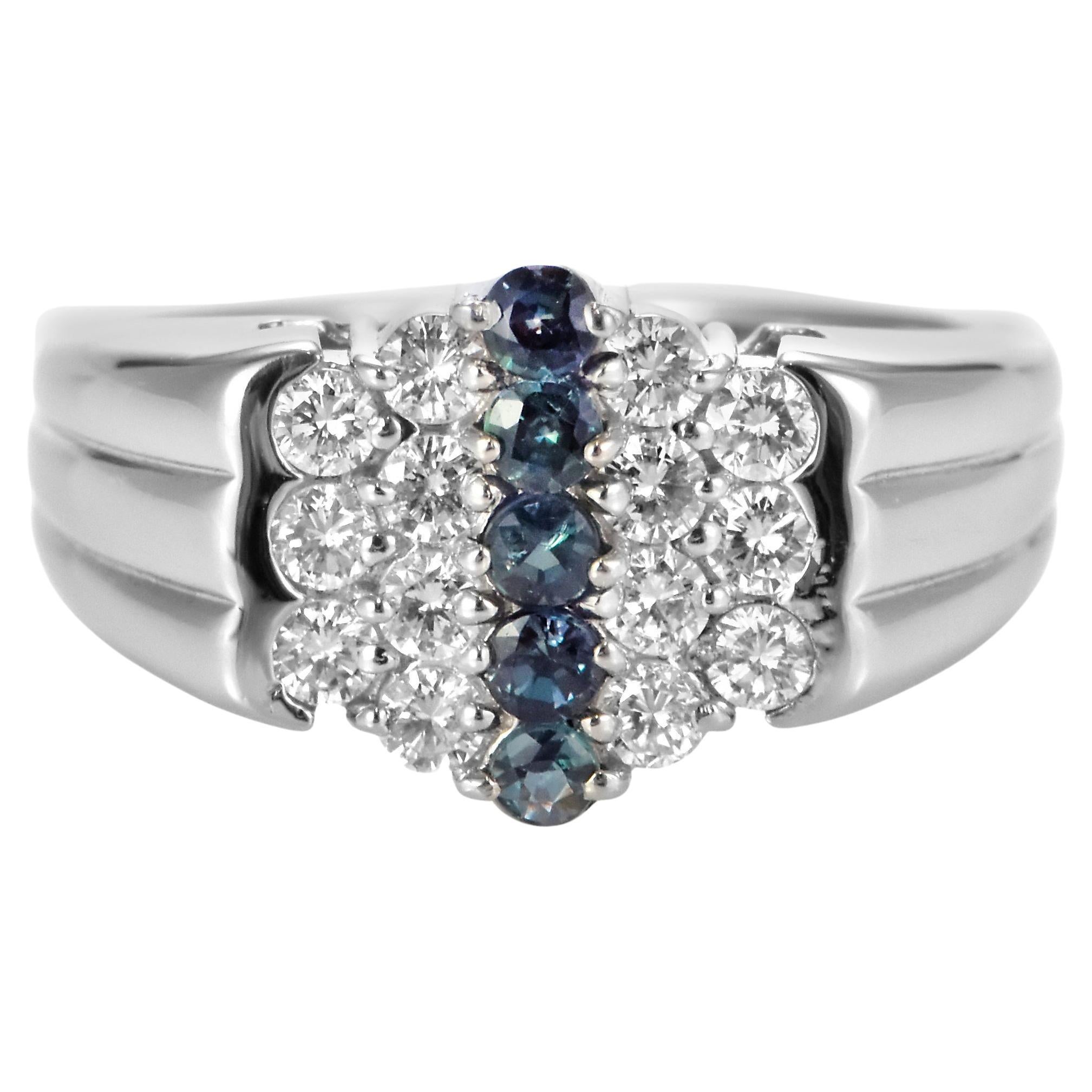 0.28 Carat Natural Alexandrite and Diamond Cluster Ring Made in Platinum