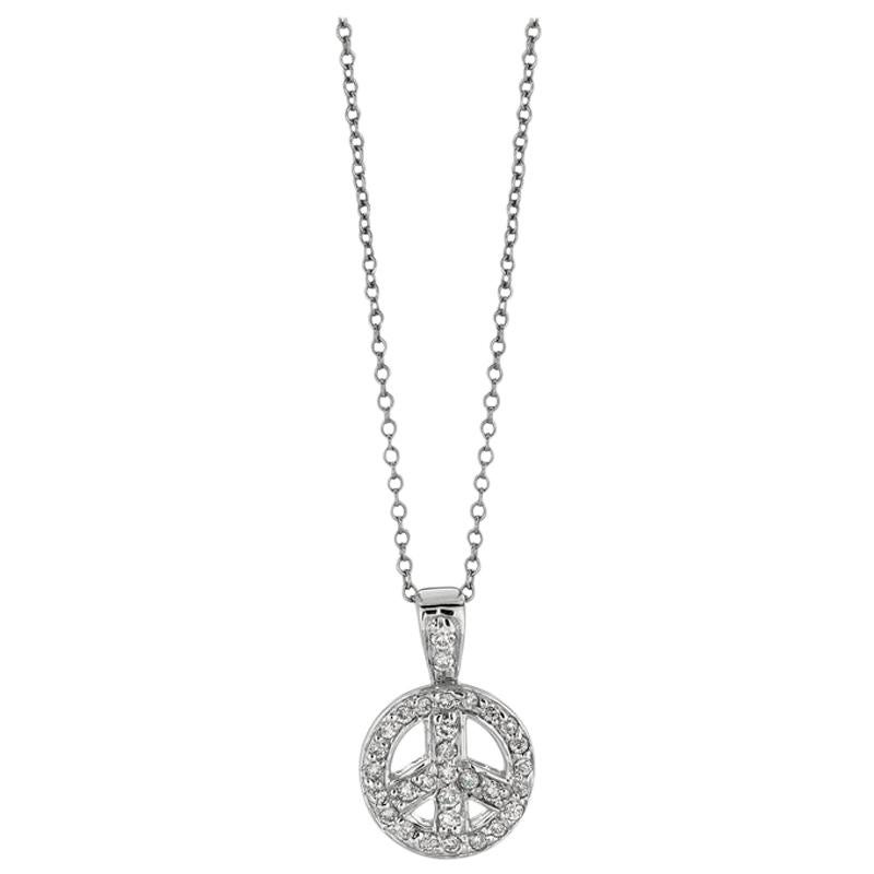 0.28 Carat Natural Diamond Peace Sign Necklace Pendant 14 Karat White Gold Chain For Sale