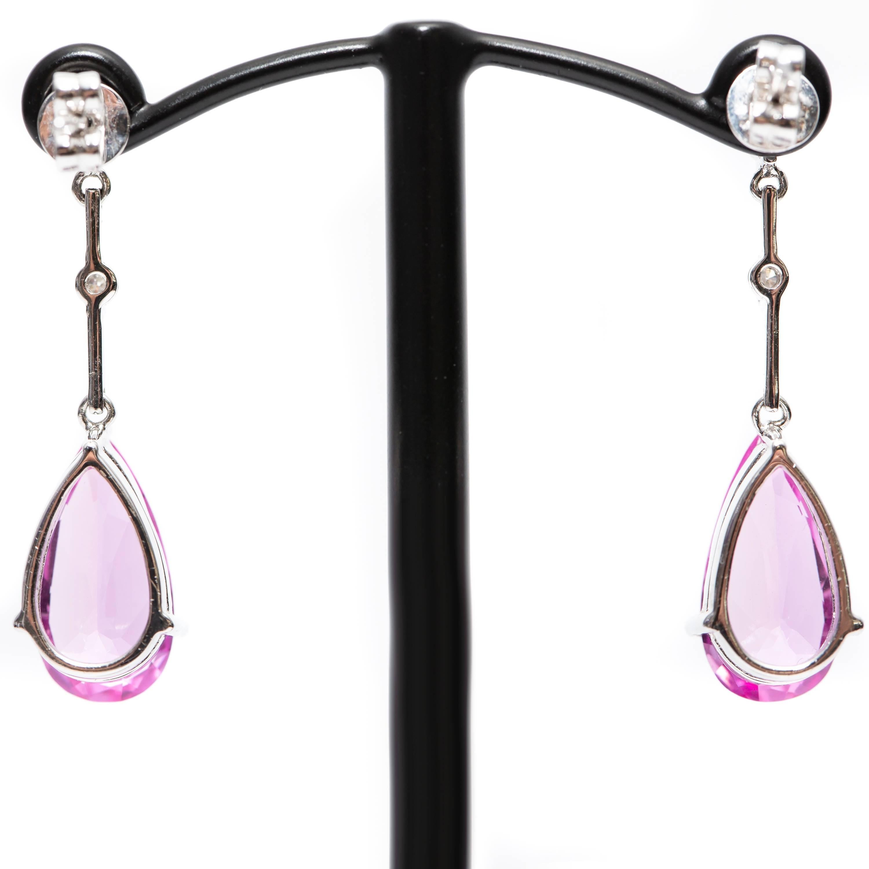 0.28 Carat Pear Round Diamond 18 Karat White Gold Pink Corundum Drop Earrings In New Condition In London, GB