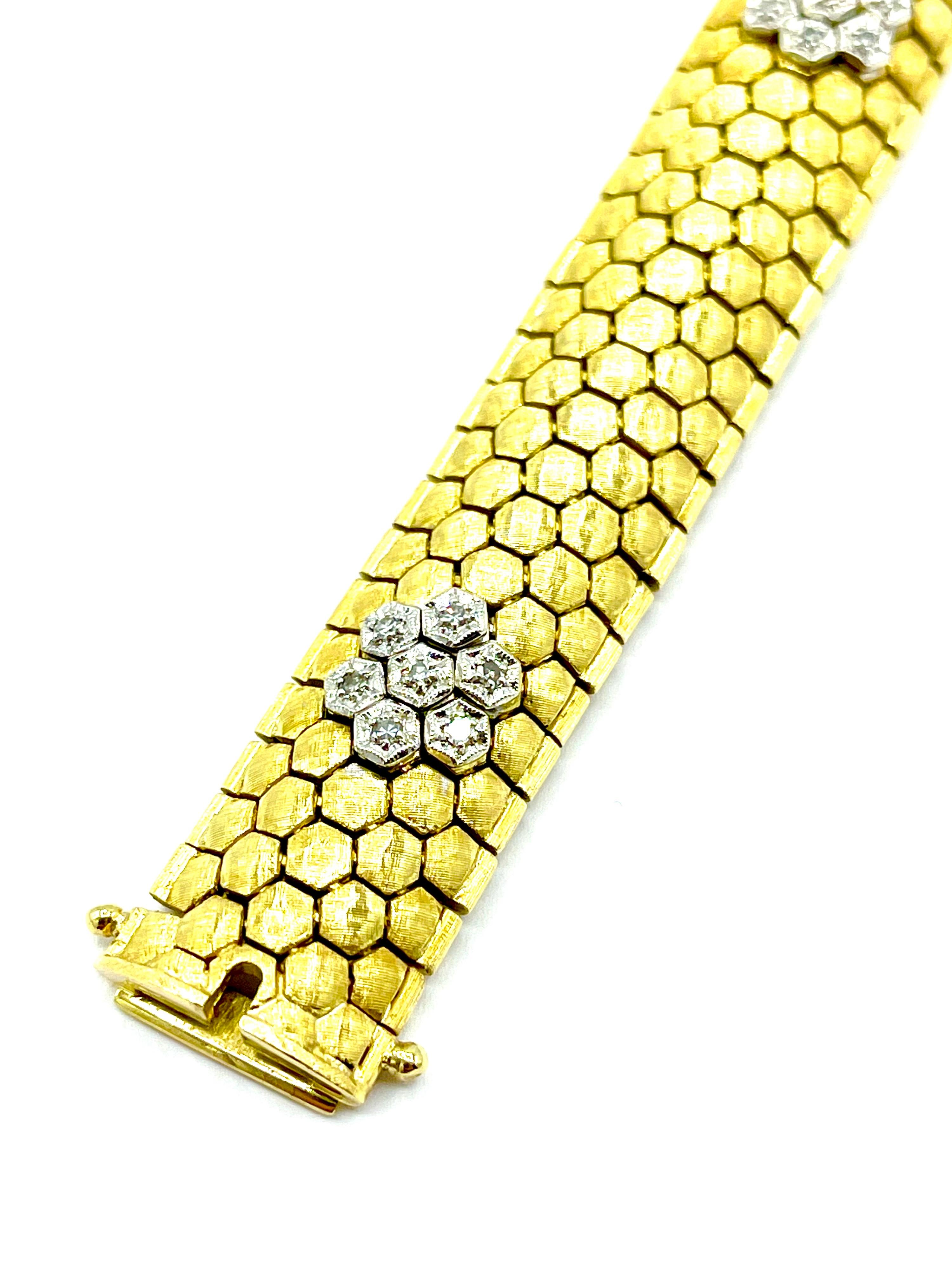 Retro 0.28 Carat Round Diamond and 18 Karat Gold Honeycomb Bracelet