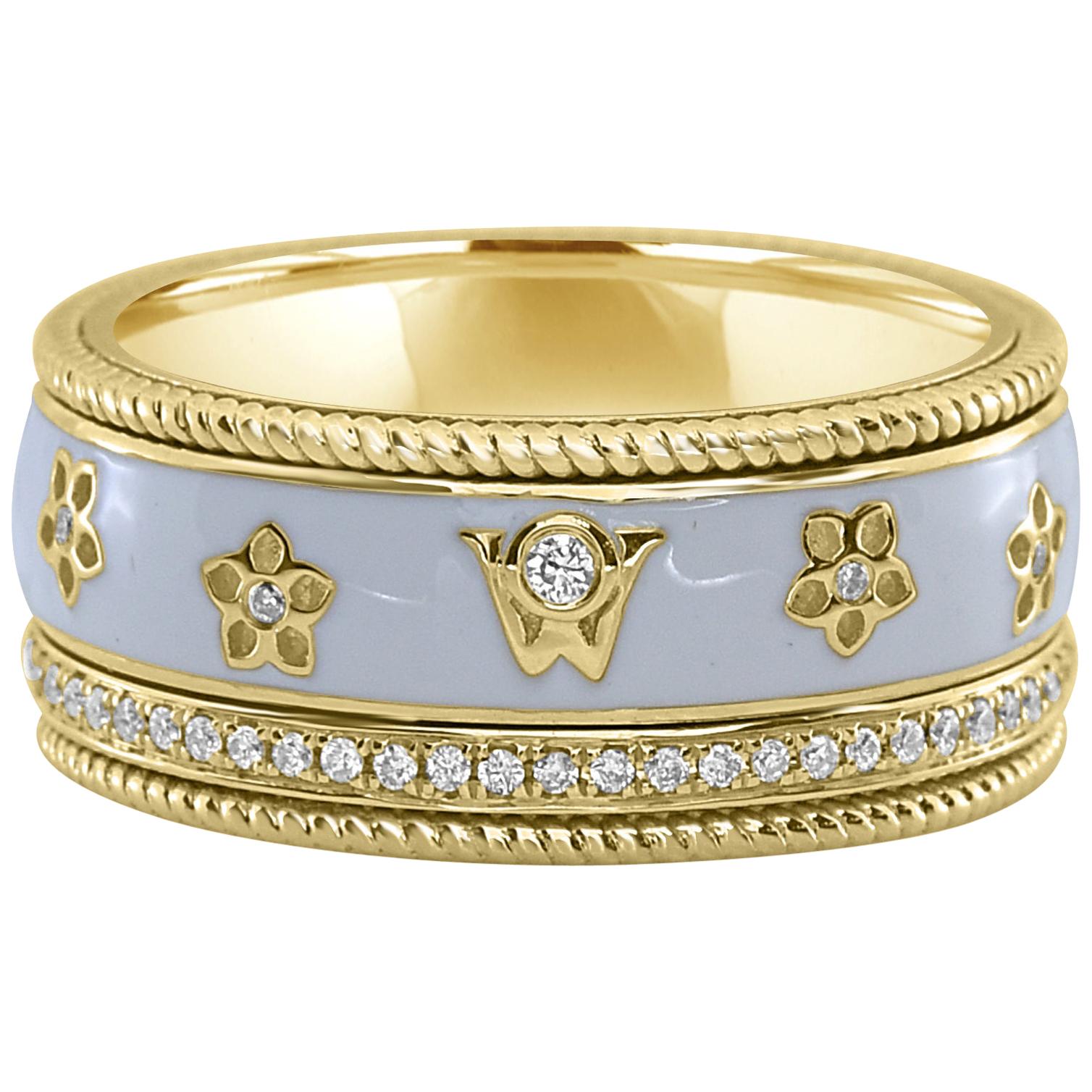 0.28 Carat White Diamond Enamel Floral Motif Ring Set in 18 Karat Yellow Gold