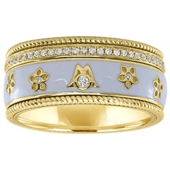 0.28 Carat White Diamond Enamel Floral Motif Ring Set in 18 Karat Yellow Gold