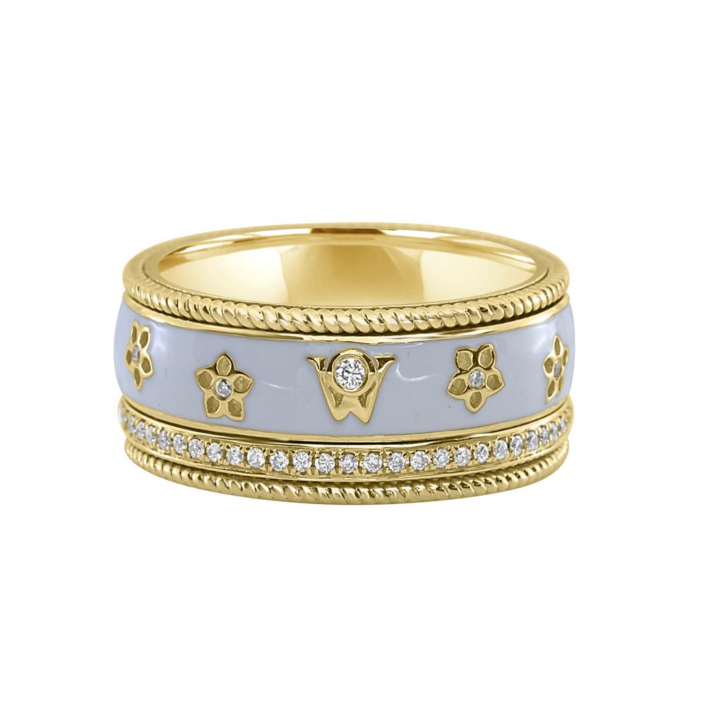 0.28 Carat White Diamond Enamel Floral Motif Ring set in 18K Yellow Gold.
This stunning ring made by Shimon's Creations enhanced with 0.30 carats of white diamonds will boost your look with this astonishing blue ring. This beautiful and modern ring