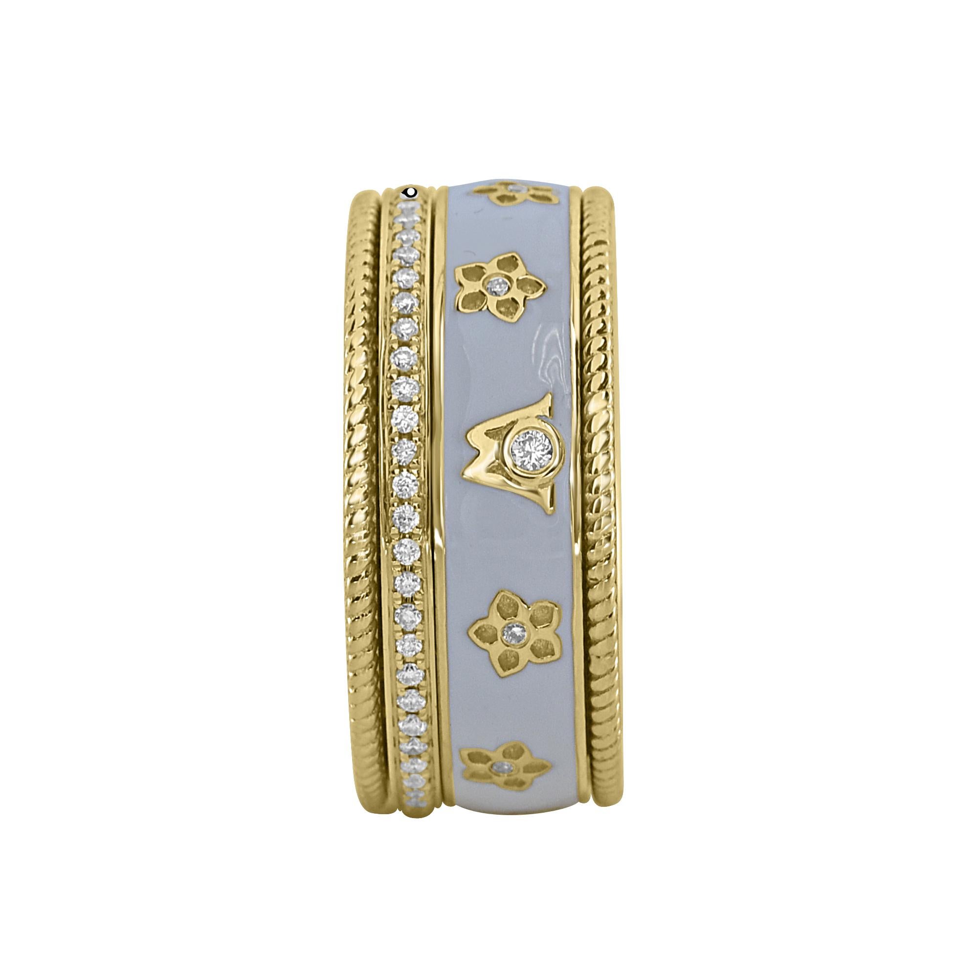 Contemporary 0.28 Carat White Diamond Enamel Floral Motif Ring Set in 18 Karat Yellow Gold