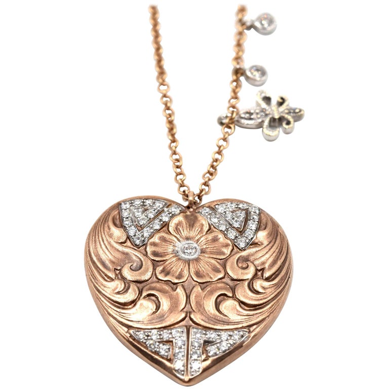0.28 Carats Diamond 18k Rose and White Gold Heart with Fleur-de-Lis Tag Necklace For Sale at 1stdibs