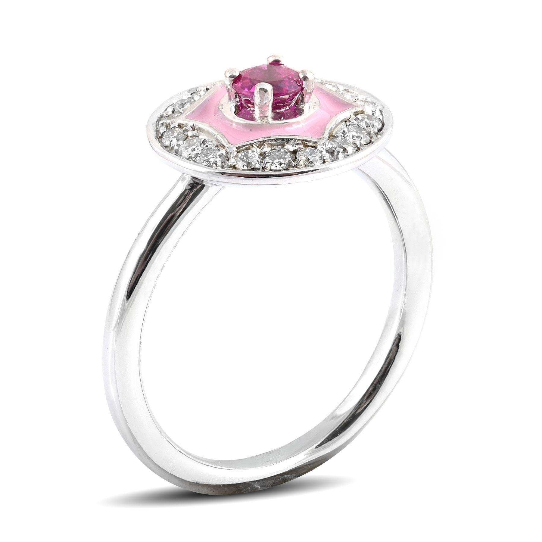 Here is the ring perfect for a girl who likes a burst of candy pink. Set with a lustrous, vivid Ruby, the pink enamel that surrounds the gem brings the colors together. A delicate choice that represents femininity, this ring has been crafted in 14K