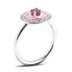 Natural Red Ruby Stone 0.28 cts w pink enamel in 14K White Gold Ring w Diamonds