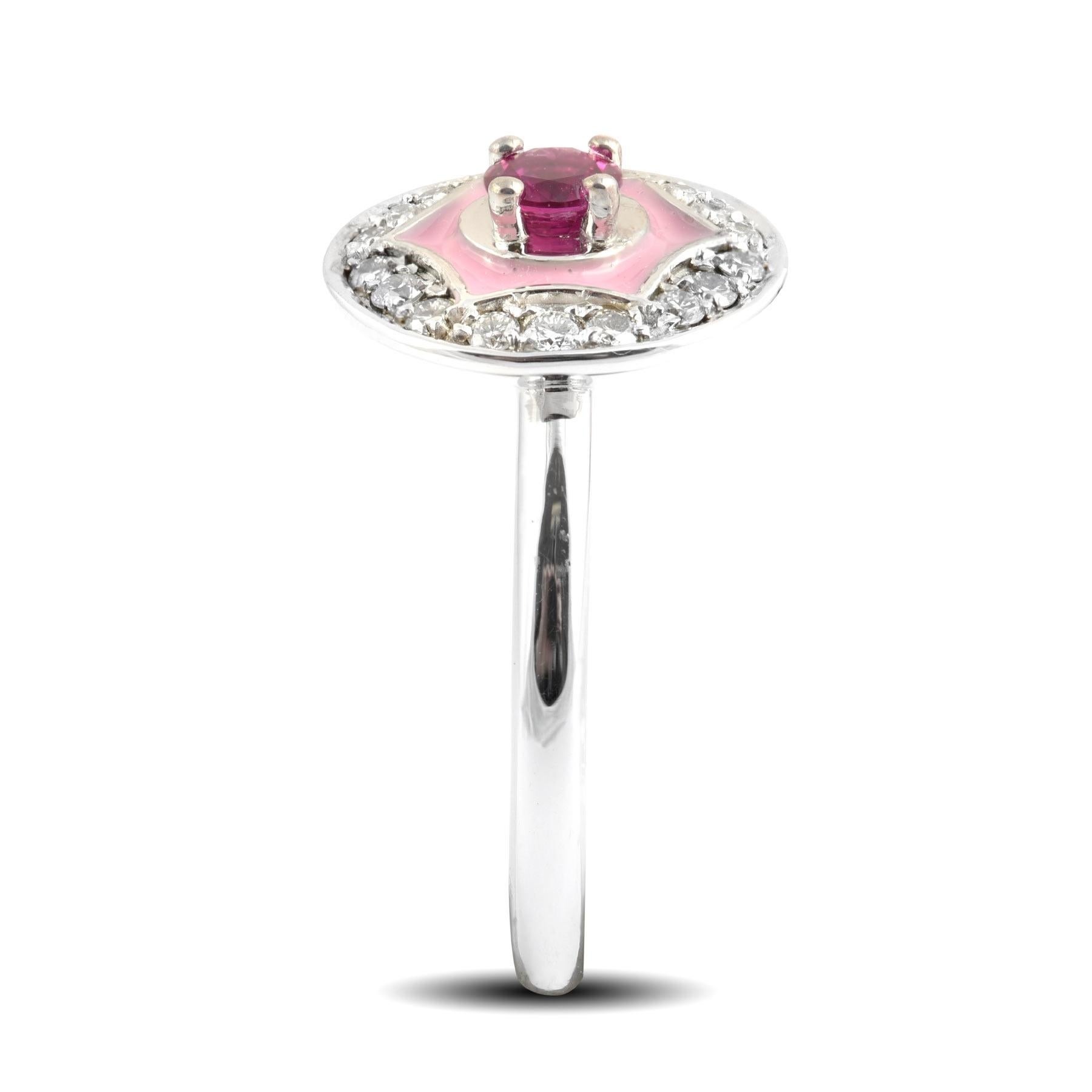 Mixed Cut 0.28 Carats Ruby Diamonds set with pink enamel in 14K White Gold Ring For Sale