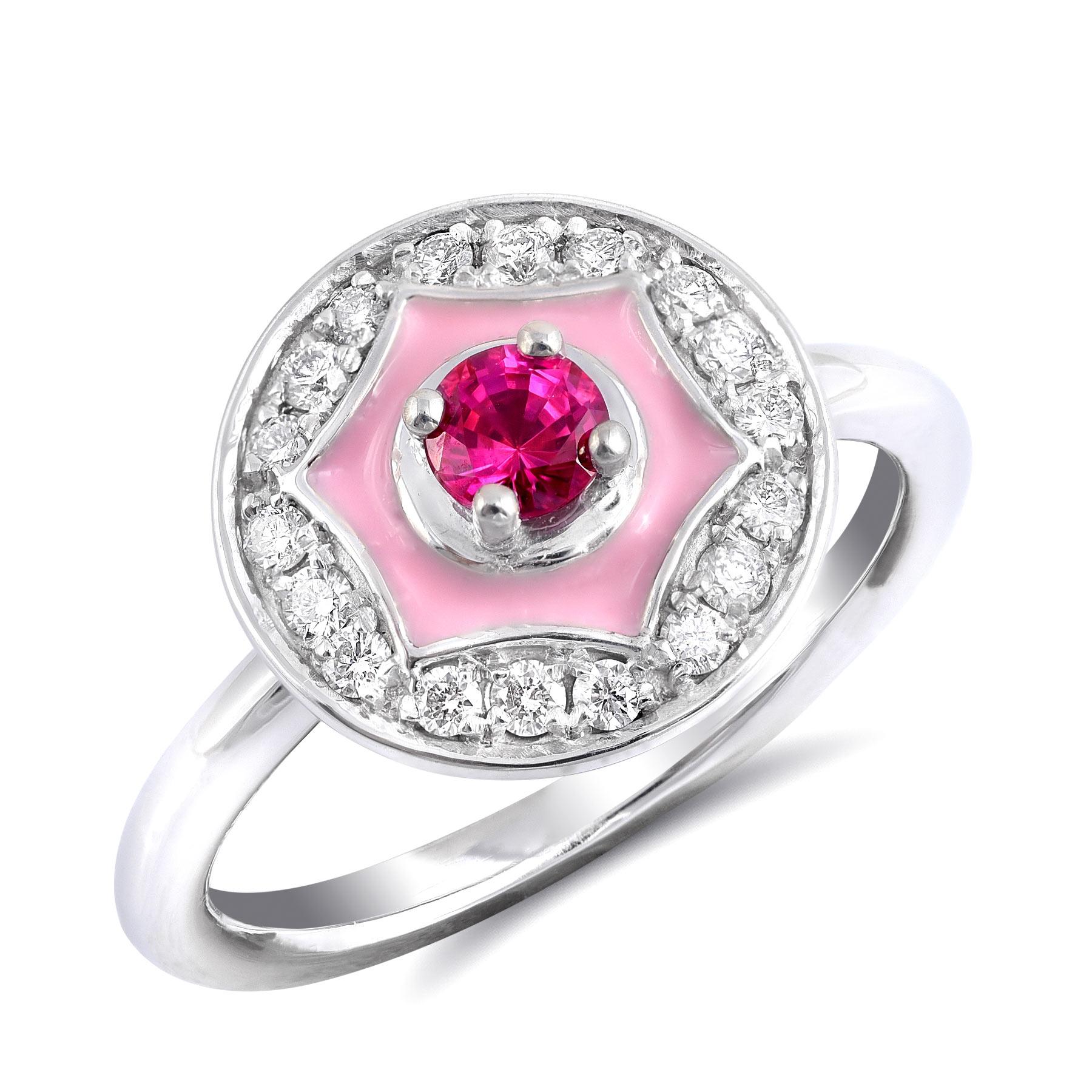 0.28 Carats Ruby Diamonds set with pink enamel in 14K White Gold Ring In New Condition For Sale In Los Angeles, CA