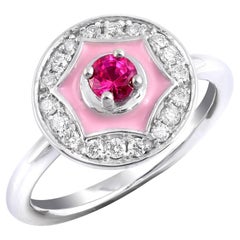 0.28 Carats Ruby Diamonds set with pink enamel in 14K White Gold Ring
