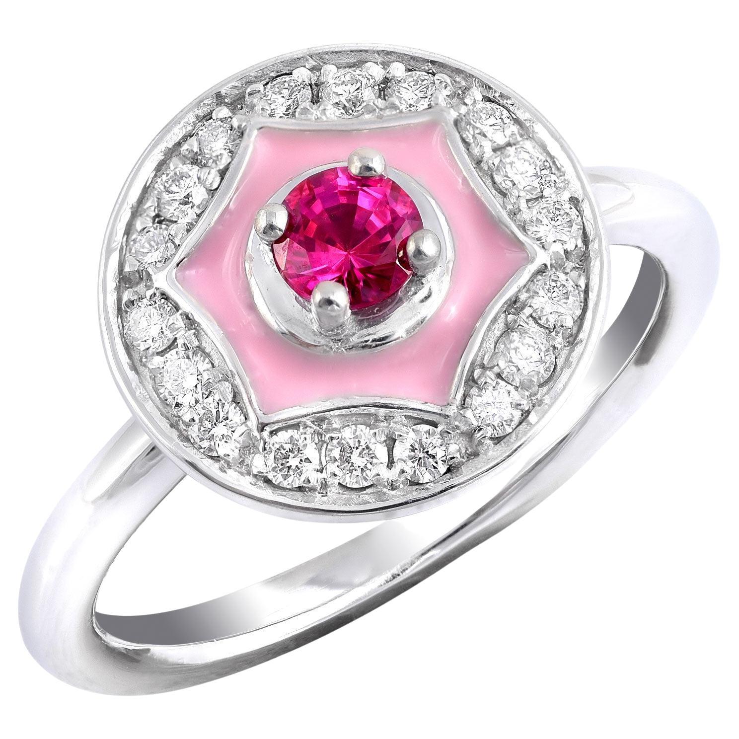 Bague en or blanc 14 carats sertie de diamants rubis de 0,28 carat et d'émail rose