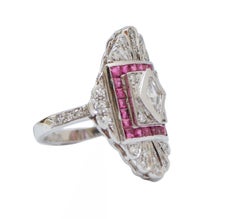 0.28 Ct Central Diamond, Rubies, Diamonds, Platinum Ring.