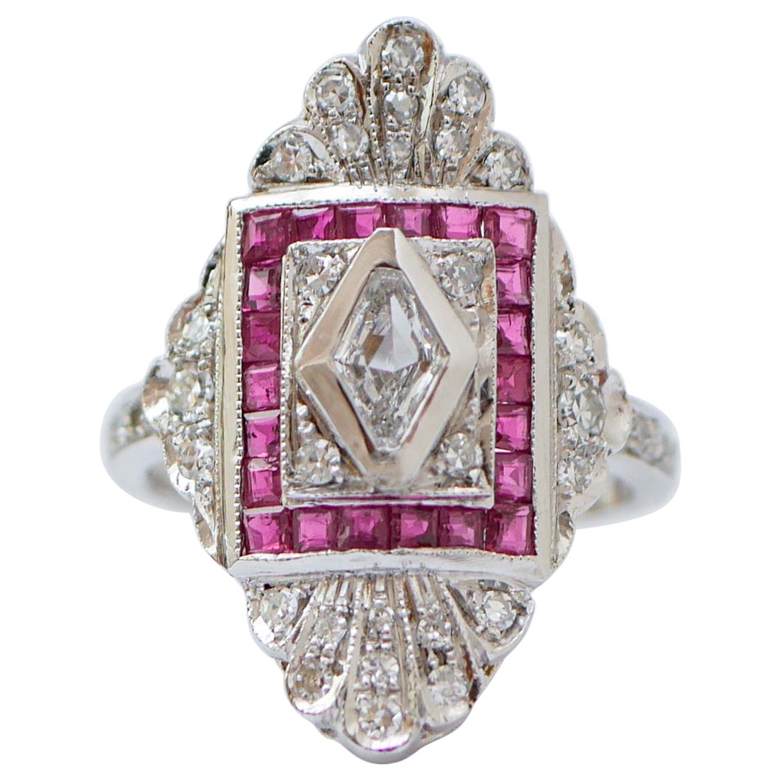 0.28 Ct Central Diamond, Rubies, Diamonds, Platinum Ring. For Sale