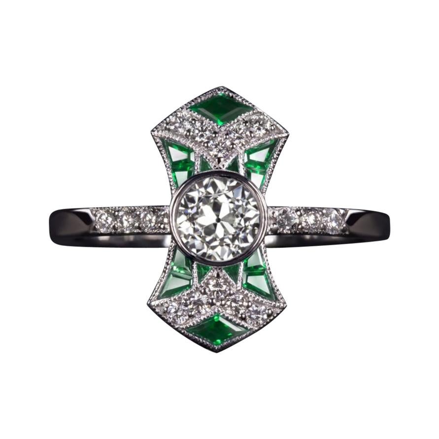 GIA Certified Emerald Art Deco Ring Diamond Old Mine European Cut