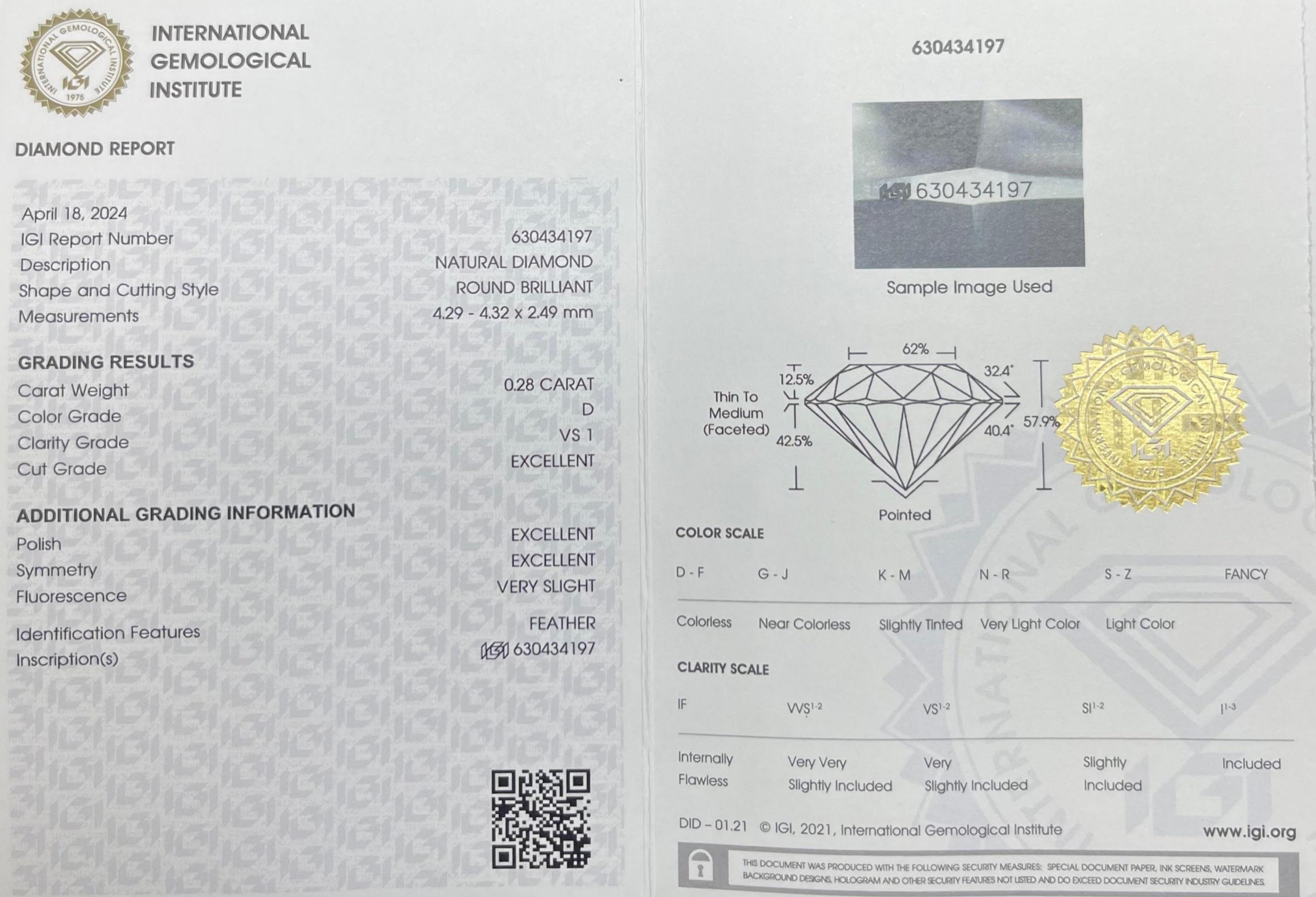 Taille ronde 0.28CT IGI Certified Round Brilliante en vente