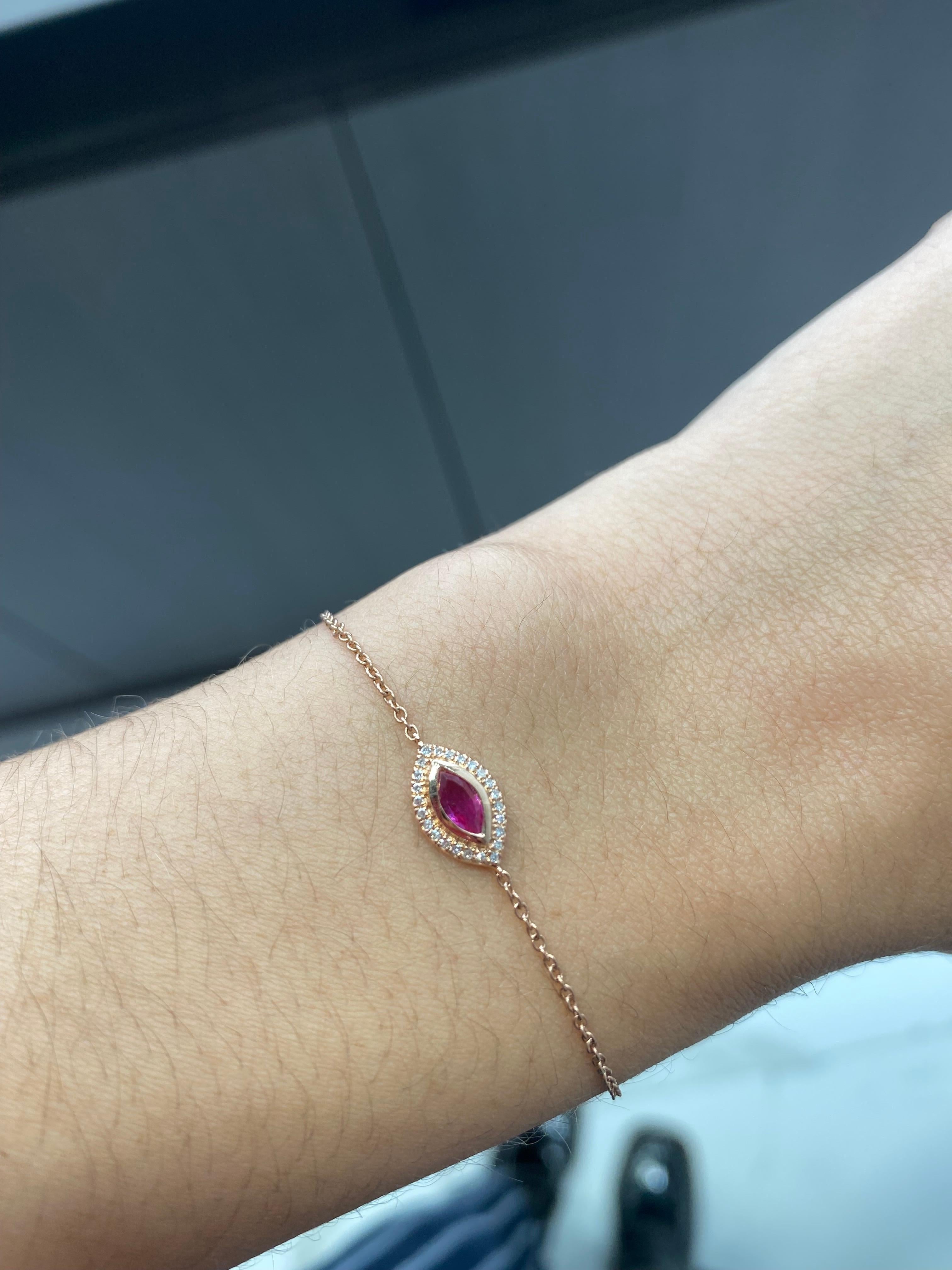 Women's or Men's 0.28ct Marquise Cut Pink Sapphire and 0.05ct Accent Diamond Evil Eye Bracelet For Sale