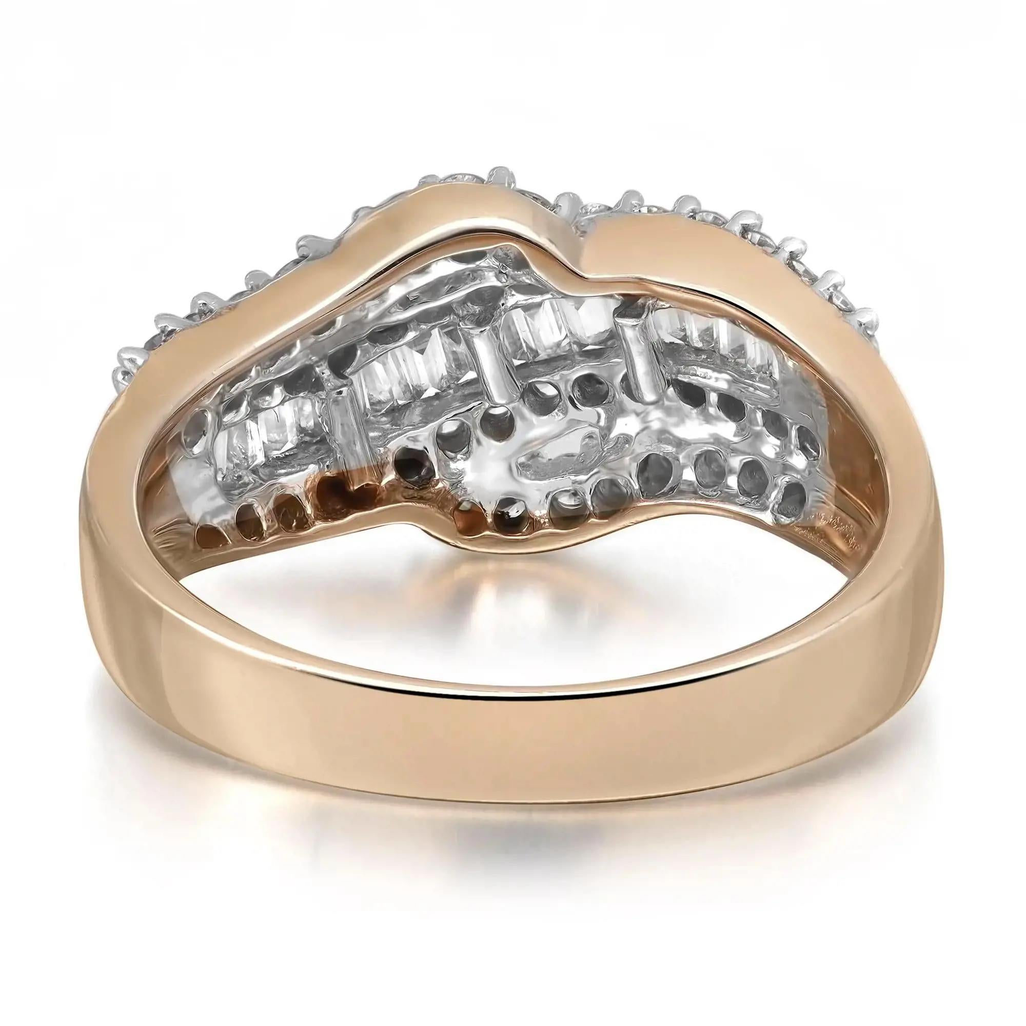 Beautiful and chic, natural diamond ladies cocktail ring crafted in 14k rose gold. This fancy ring is highlighted with 0.28 carat of channel set baguette cut and 0.61 carat of prong set round cut dazzling diamonds with I color and SI clarity. Total
