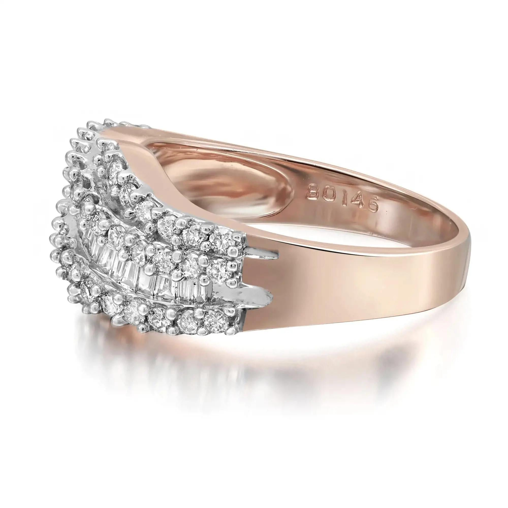 Modern 0.28cttw Baguette & 0.61cttw Round Diamond Ladies Cocktail Ring 14k Rose Gold For Sale