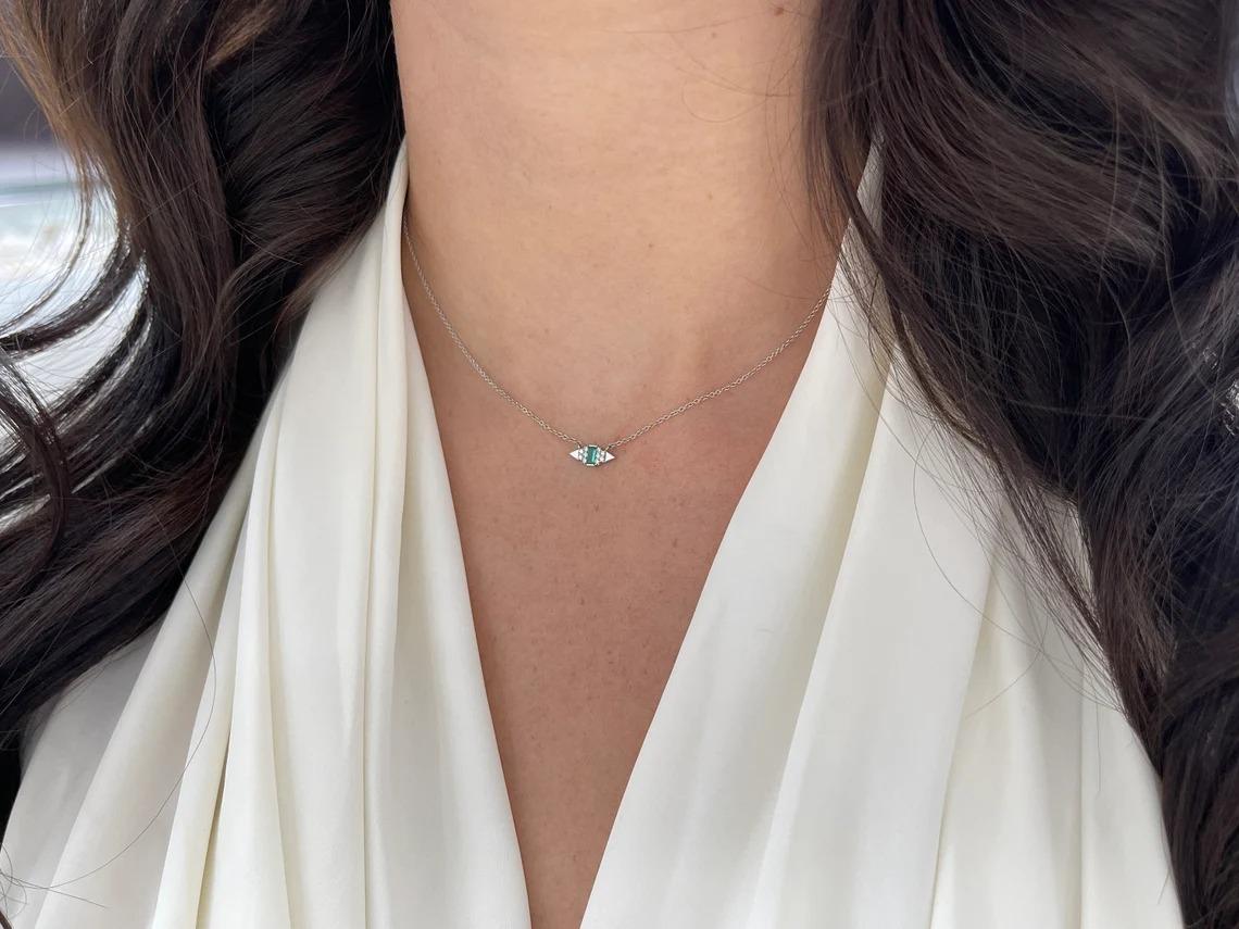 Modern 0.28tcw 14K Natural Emerald-Emerald Cut & Diamond Accent Petite Gold Necklace For Sale
