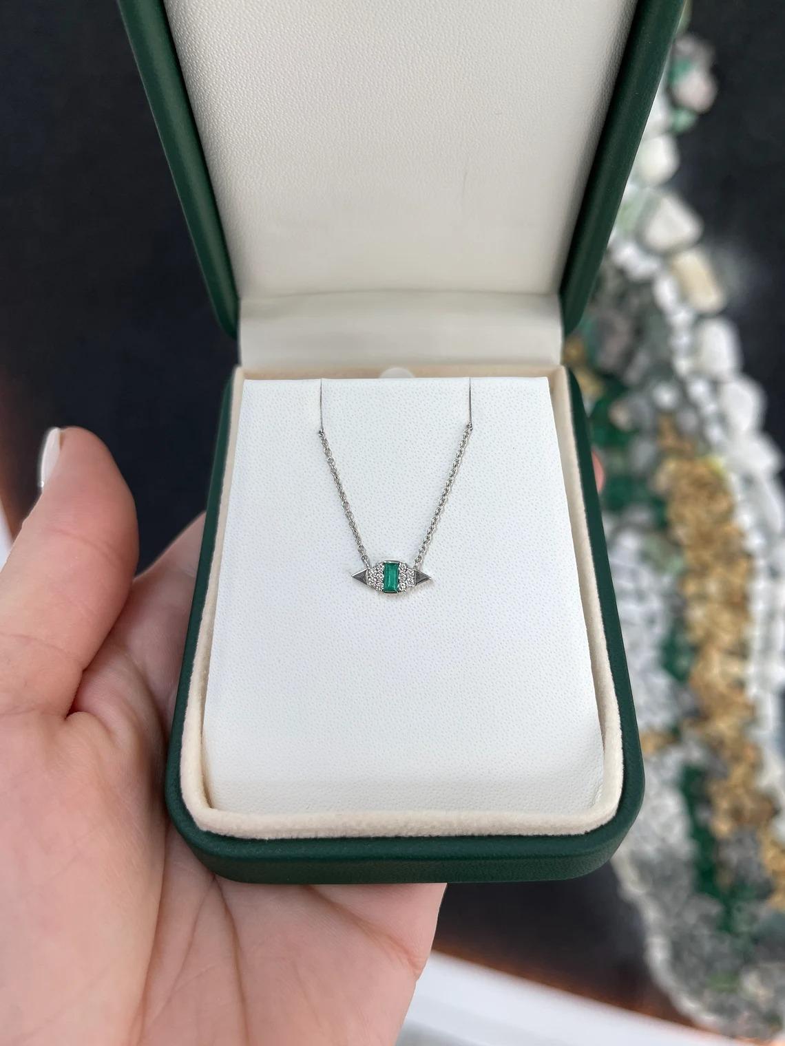 Women's 0.28tcw 14K Natural Emerald-Emerald Cut & Diamond Accent Petite Gold Necklace For Sale