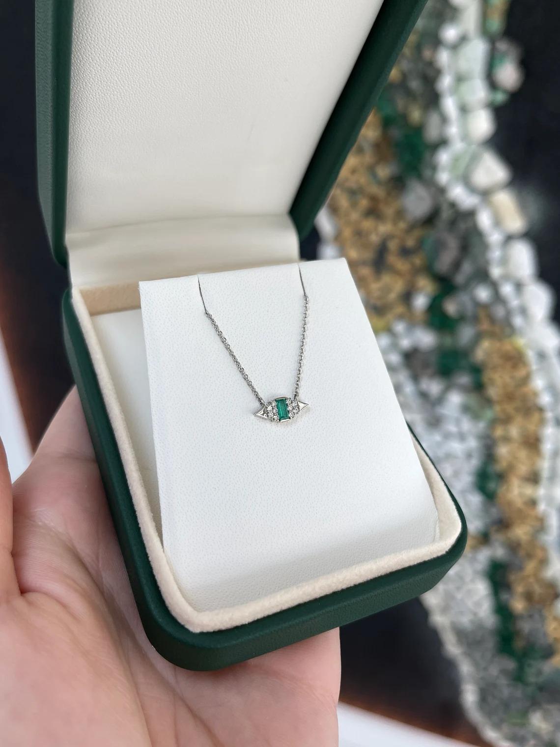 0.28tcw 14K Natural Emerald-Emerald Cut & Diamond Accent Petite Gold Necklace For Sale 1