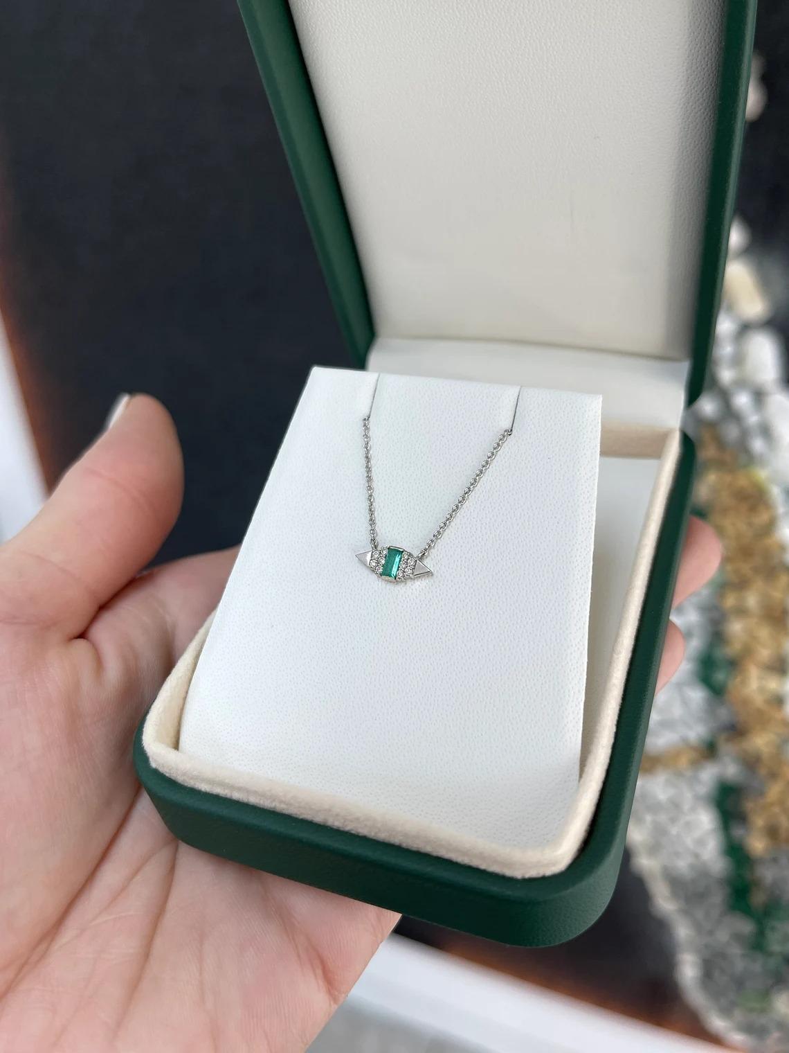 0.28tcw 14K Natural Emerald-Emerald Cut & Diamond Accent Petite Gold Necklace For Sale 2
