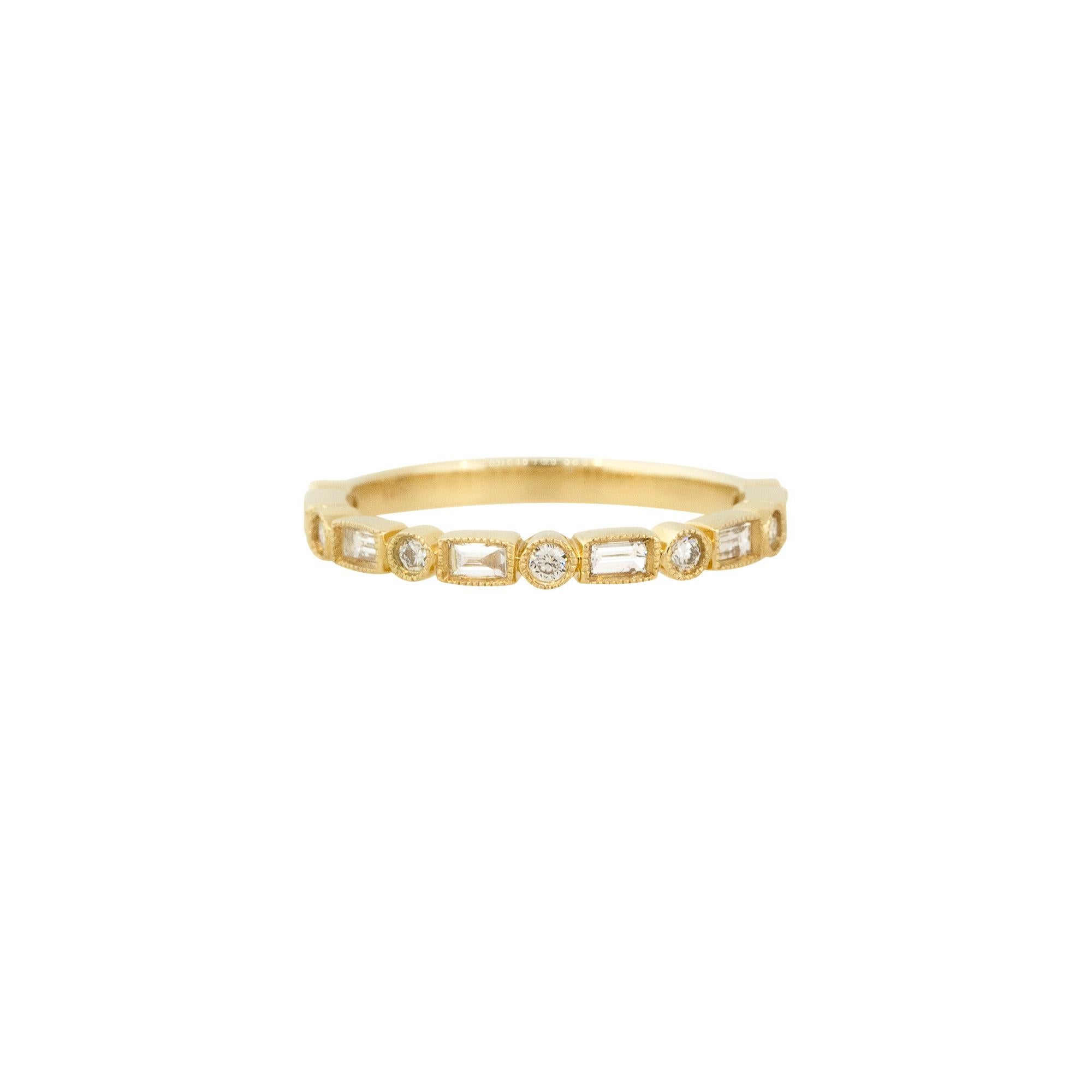 14k Yellow Gold 0.29ctw Baguette and Round Cut Diamond Stackable Ring

Material: 14k Yellow Gold
Diamond Details: Approximately 0.17ctw of Baguette Cut Diamonds. Approximately 0.12ctw of Round Cut Diamonds
Total weight: 1.7g (1.1dwt) 
Size: 5.5 (Can