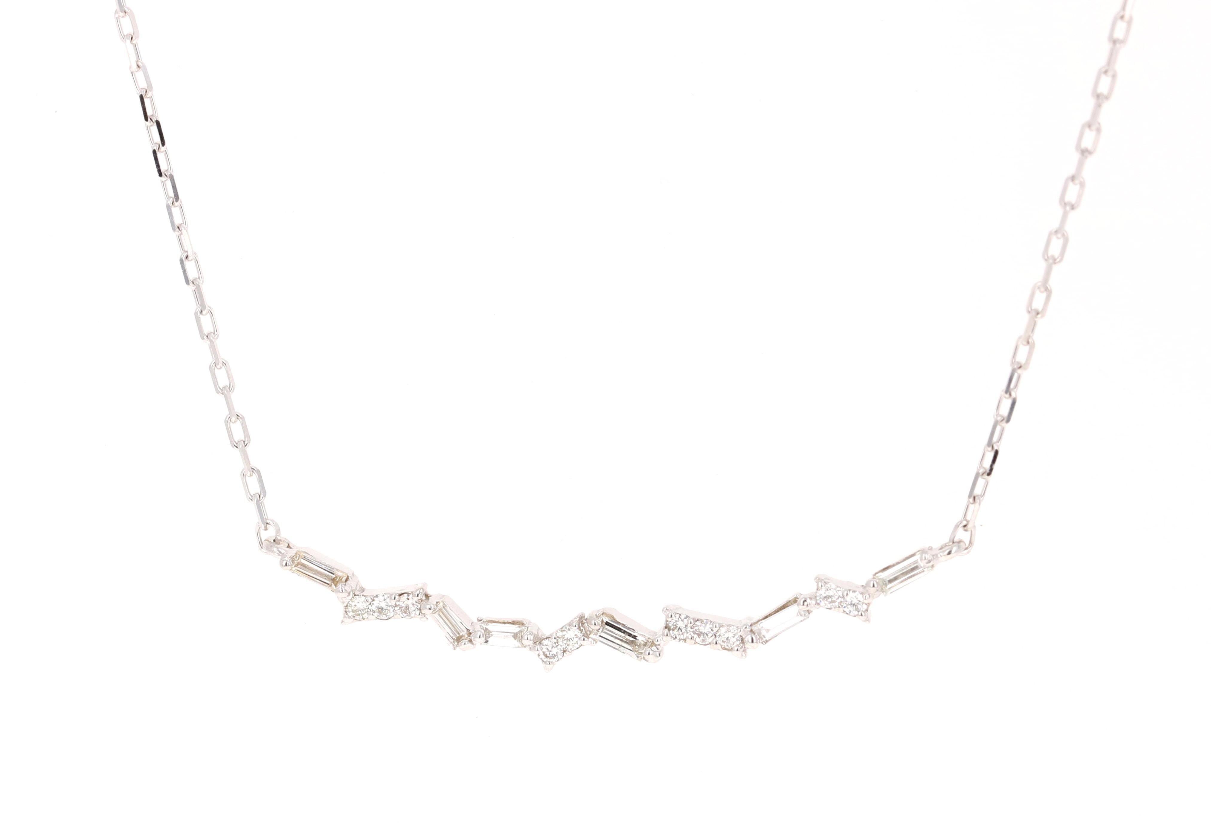 Beautiful Bar Necklace that sits pretty perfect! 

It has 4 Baguette Cut Diamonds that weigh 0.13 Carats and 12 Round Cut Diamonds that weigh 0.16 Carats. The total carat weight is 0.29 Carats. (Clarity: VS, Color: H)

It is beautifully set in 14