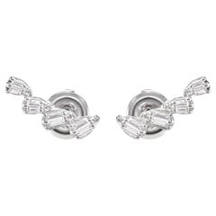 0.29 Carat Baguette & Round Diamond Ear Climber Stud Earrings in 18K White Gold