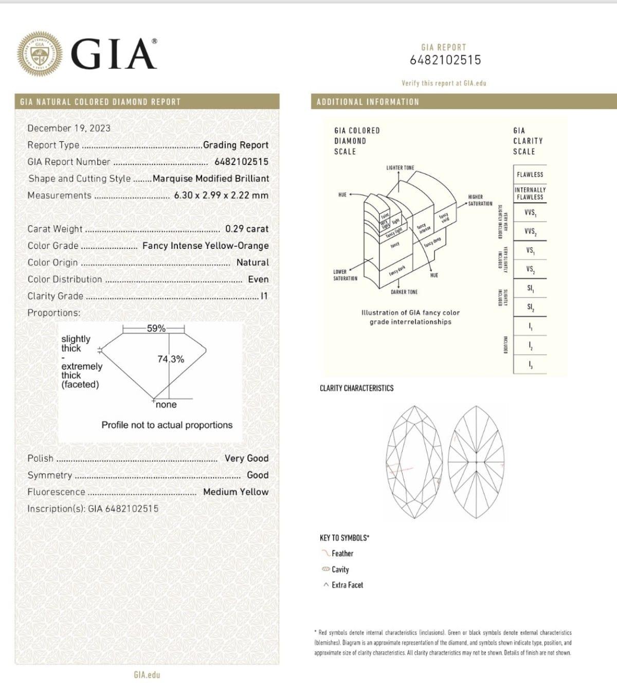 0.29 Carat Fancy Yellow Orange Marquise cut diamond I1 Clarity GIA Certified For Sale 1