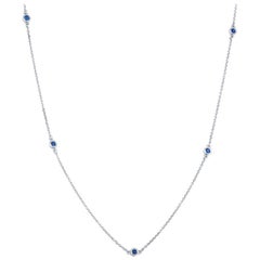0.29 Carat Round Blue Natural Sapphire 14 Karat White Gold Station Necklace