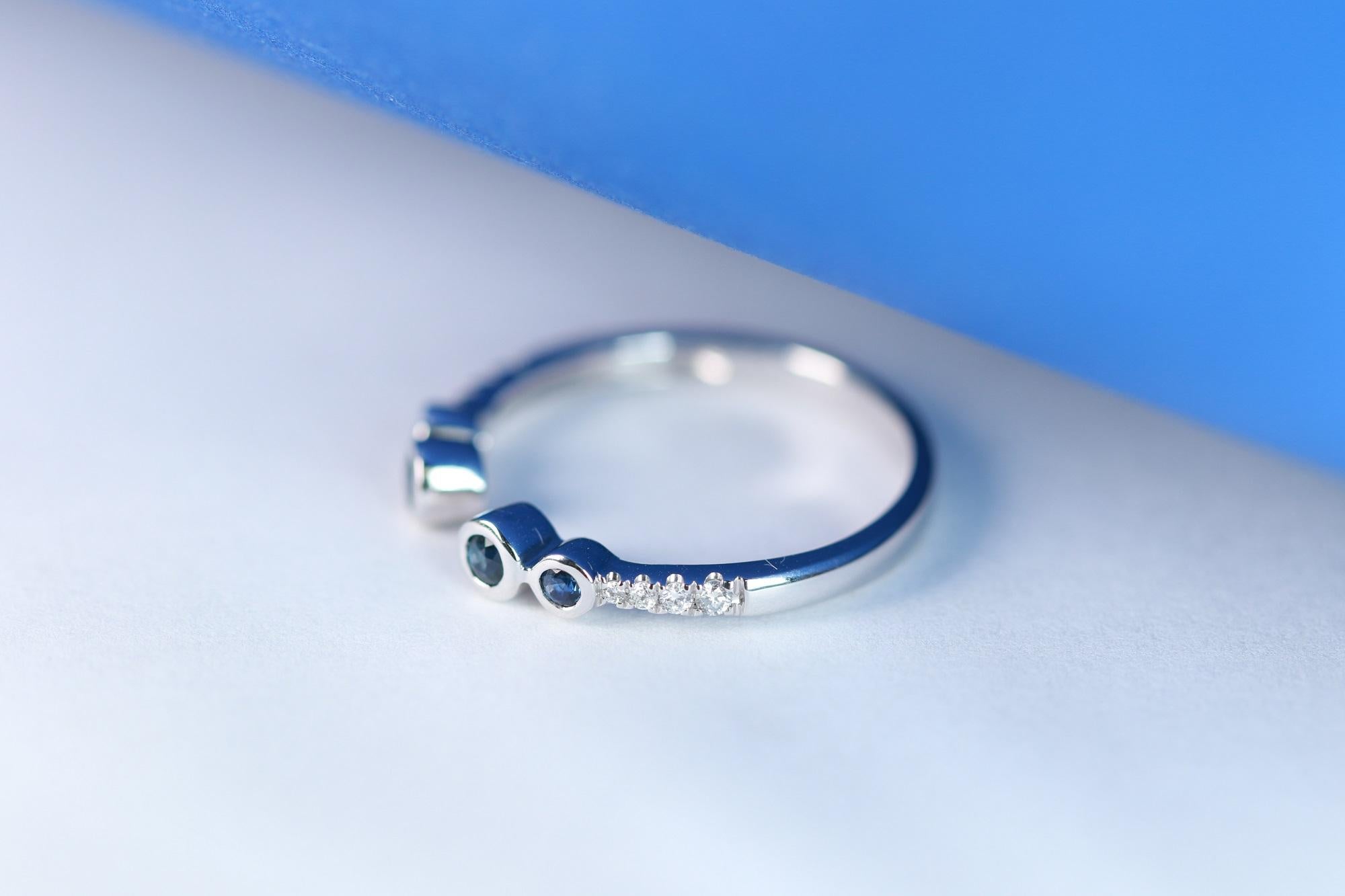 Stunning, timeless and classy eternity Unique Ring. Decorate yourself in luxury with this Gin & Grace Ring. The 18k White Gold jewelry boasts Round Cut Prong Setting Genuine Blue Sapphire (4 pcs) 0.29 Carat, along with Natural Round cut white